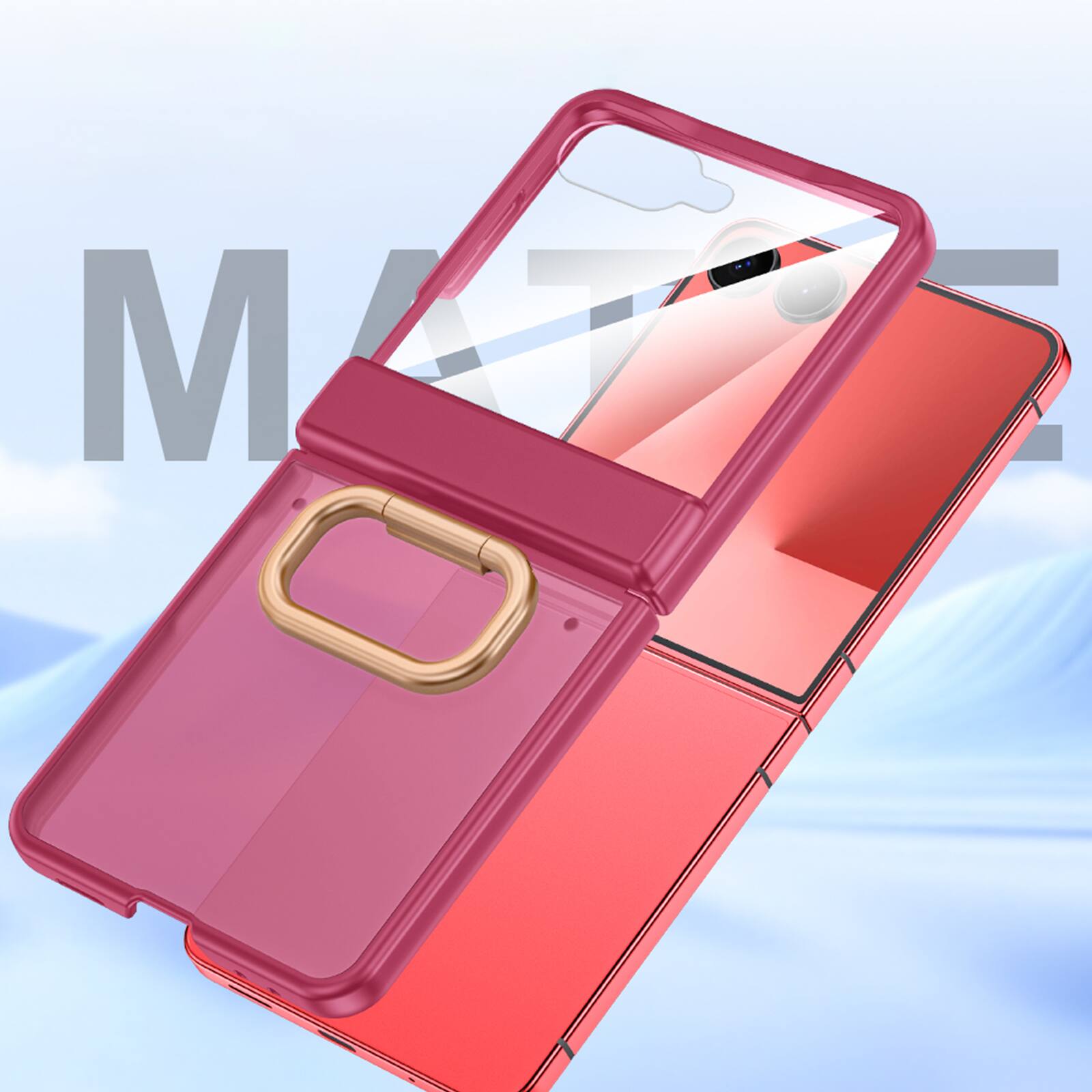 Back. Dteck - Rugged Case for Samsung Galaxy Z Flip7 with Ring Kickstand, Translucent Hinge Protective Cover Built-in Screen Protector - Red.