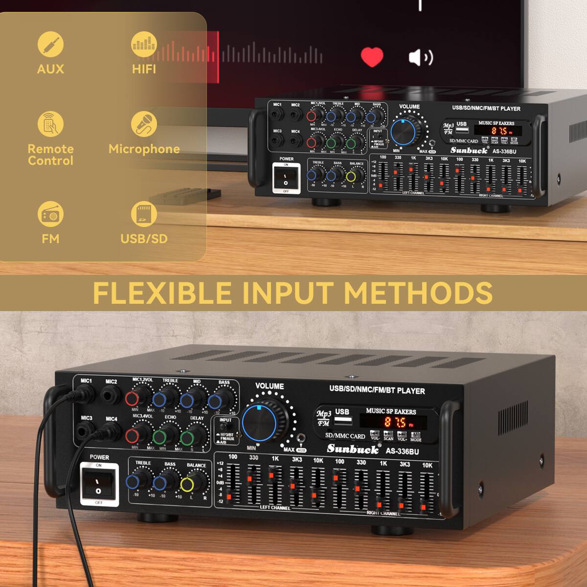 AUX  
HIFI  
Remote Control  
Microphone  
FM  
USB/SD  

FLEXIBLE INPUT METHODS  

USB/SD/NMC/FM/BT PLAYER  
MUSIC SP SPEAKERS  
SD/MMC CARD  
Sunbuck AS-336BU  

VOLUME  
TREBLE  
BASS  
BALANCE  
DELAY  
ECHO  
MIC1  
MIC2  
MIC3  
MIC4  
MIC2-VOL  
MIC3-POL  
MIC4-POL  
INPUT  
RIGHT  
LEFT  
CHANNEL  
POWER  
ON  
OFF  

10K  
330  
1K  
100  
330  
1K  
10K  
100  
330  
1K  
10K  
100  
330  
1K  
10K  
100  
330  
1K  
10K  
100  
330  
1K  
10K  
100  
330  
1K  
10K  
100  
330  
1K  
10K  
100  
330  
1K  
10K  
100  
330  
1