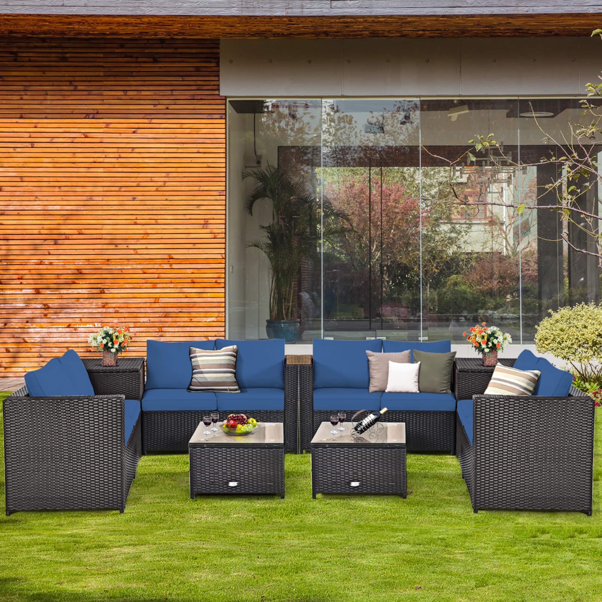 Gymax - 8PCS Cushioned Rattan Patio Conversation Set w/ Side Table Navy Cushion - Brown price history on PriceWatchPro