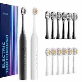 Cozy Serene - 2 Pack Electric Toothbrush Set Comes With 12 Brush Heads & 5 Modes Minutes Built In Smart Timer One - Black and White