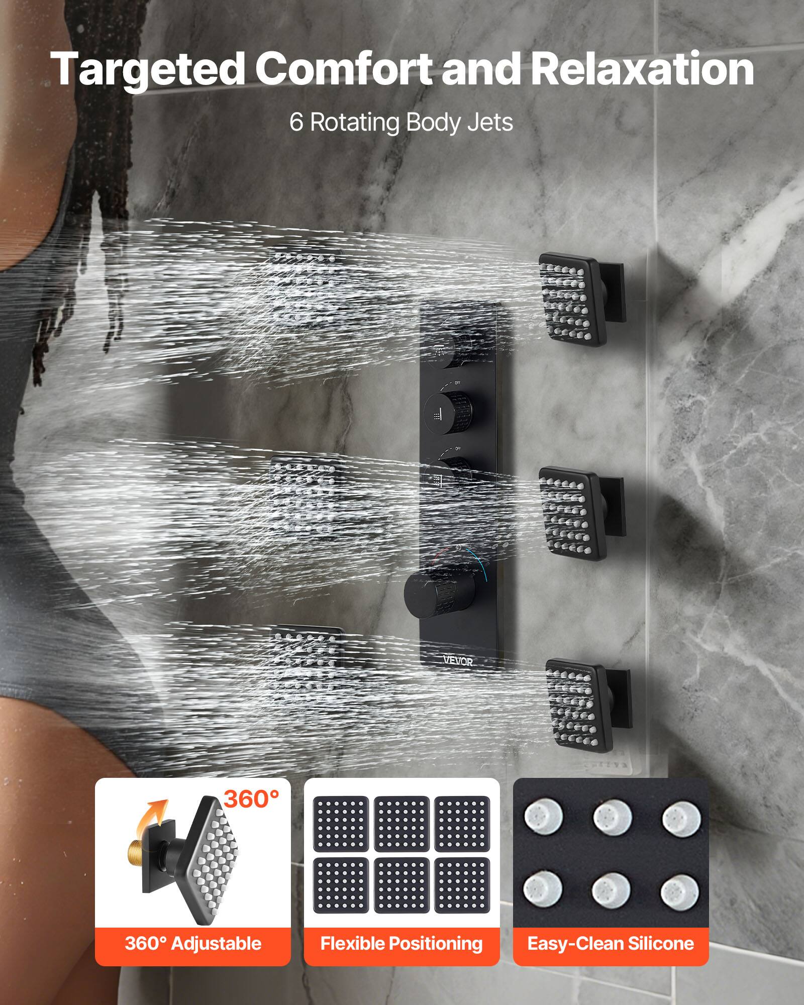 Targeted Comfort and Relaxation  
6 Rotating Body Jets  

360° Adjustable  
Flexible Positioning  
Easy-Clean Silicone
