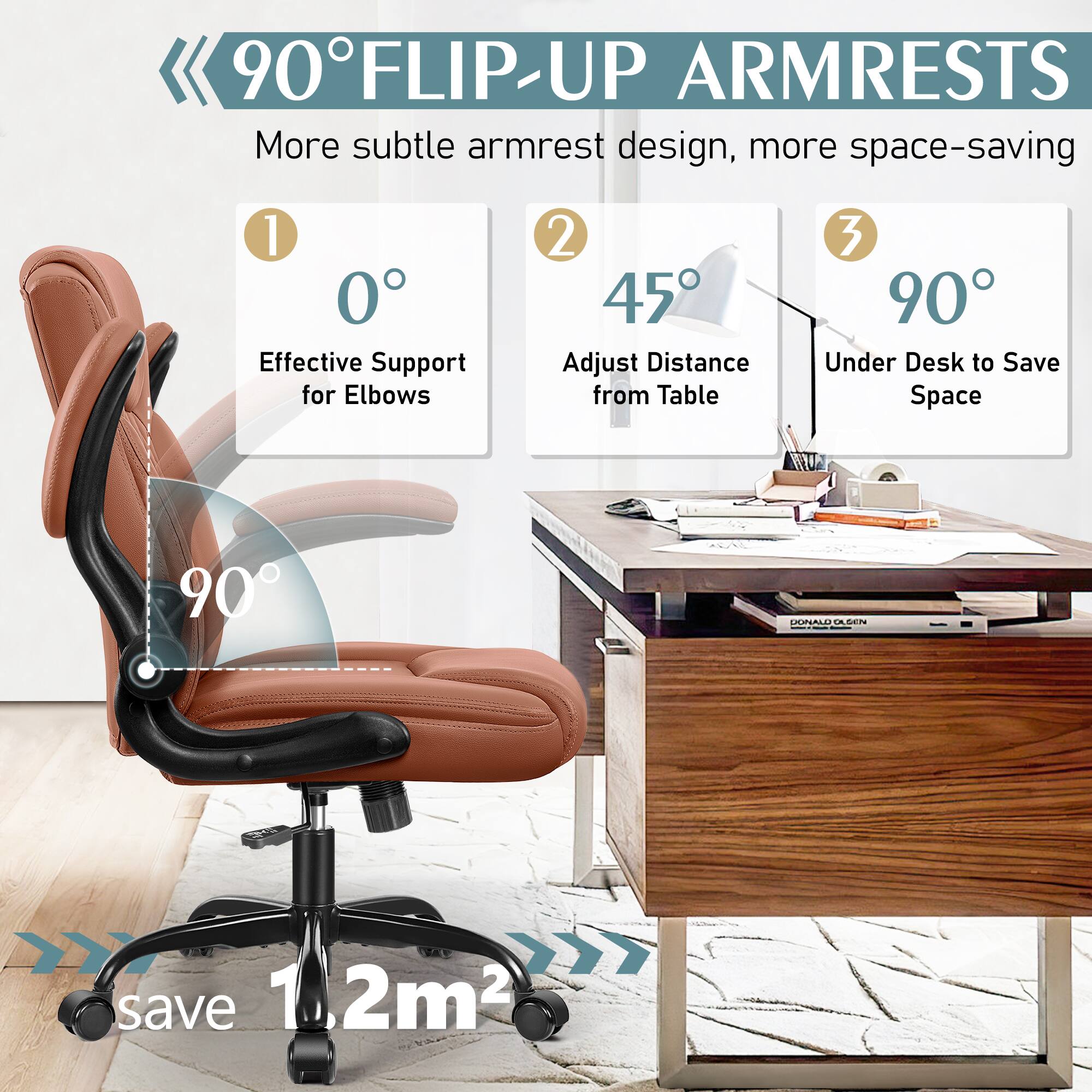 90°FLIP-UP ARMRESTS More subtle armrest design, more space-saving 1 0 Effective Support for Elbows 2 45 Adjust Distance from Table 3 90 Under Desk to Save Space 90° LPERIO A.GN - -oo I | save 1.2m²