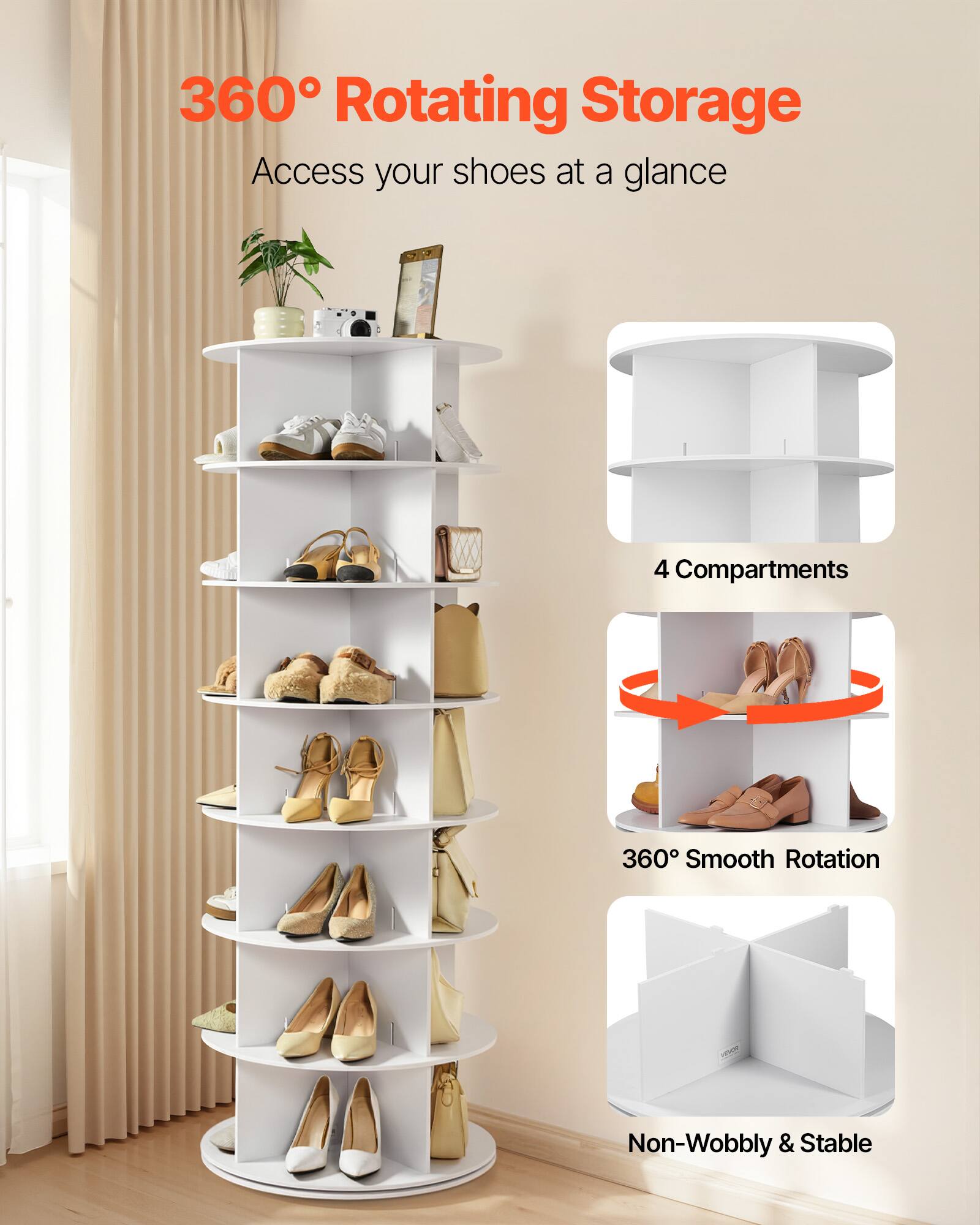 360° Rotating Storage  
Access your shoes at a glance  

4 Compartments  
360° Smooth Rotation  
Non-Wobbly & Stable
