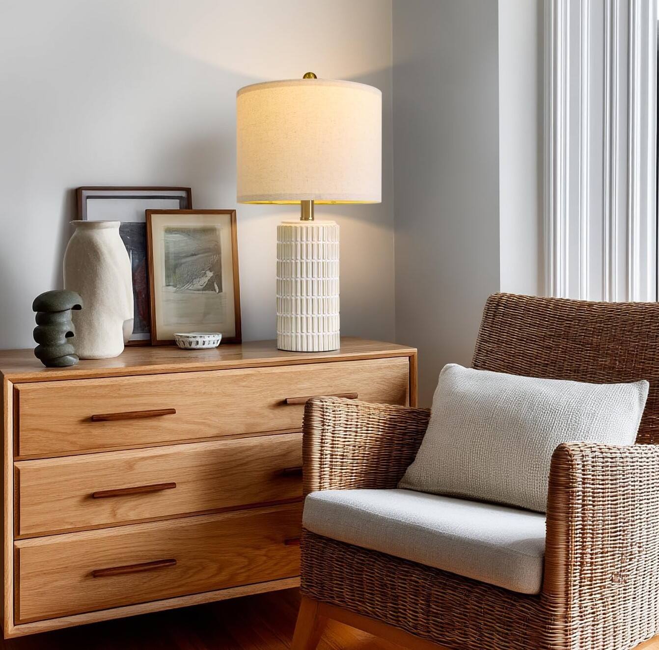 Alt View 3. FINEAK - Modern Ceramic Table Lamps Set of 2 for Stylish Home Decor - Beige and White.