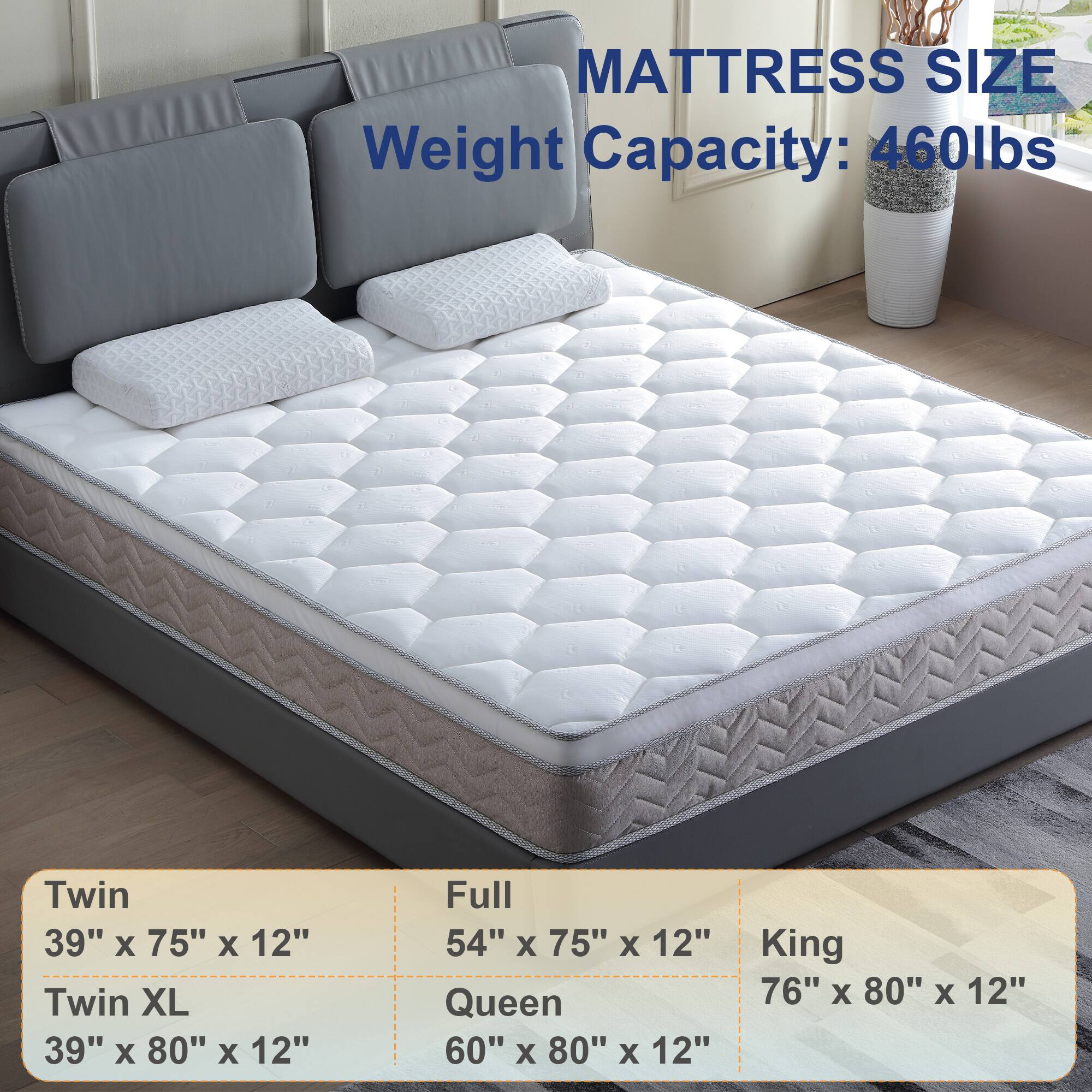 MATTRESS SIZE  
Weight Capacity: 460lbs  

Twin  
39" X 75" X 12"  

Twin XL  
39" X 80" X 12"  

Full  
54" X 75" X 12"  

Queen  
60" X 80" X 12"  

King  
76" X 80" X 12"