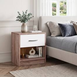 WELLFOR - Nightstand with Drawer and Open Storage Shelf - Oak