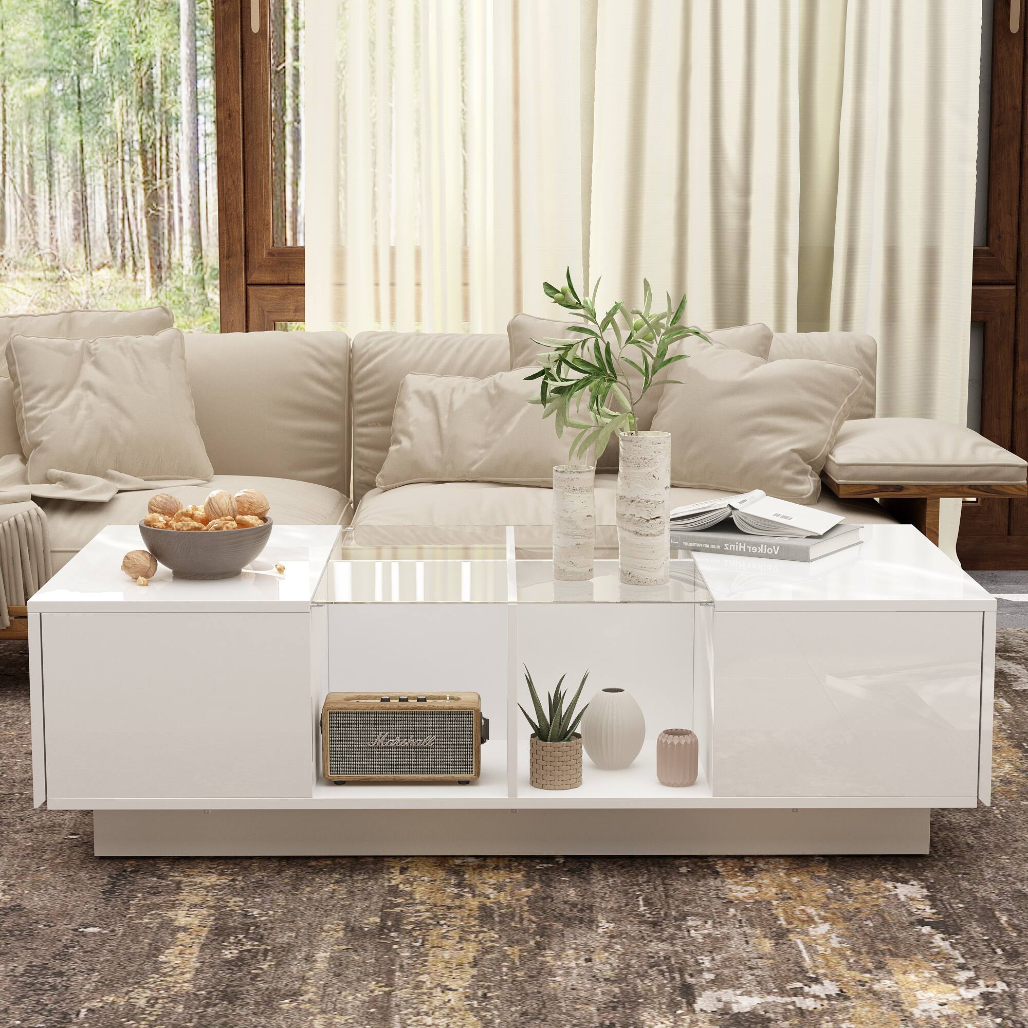 FUFU&GAGA - Modern LED Coffee Table with Storage Drawers and Open Shelves for Living Room Organization and Ambient Lighting - White