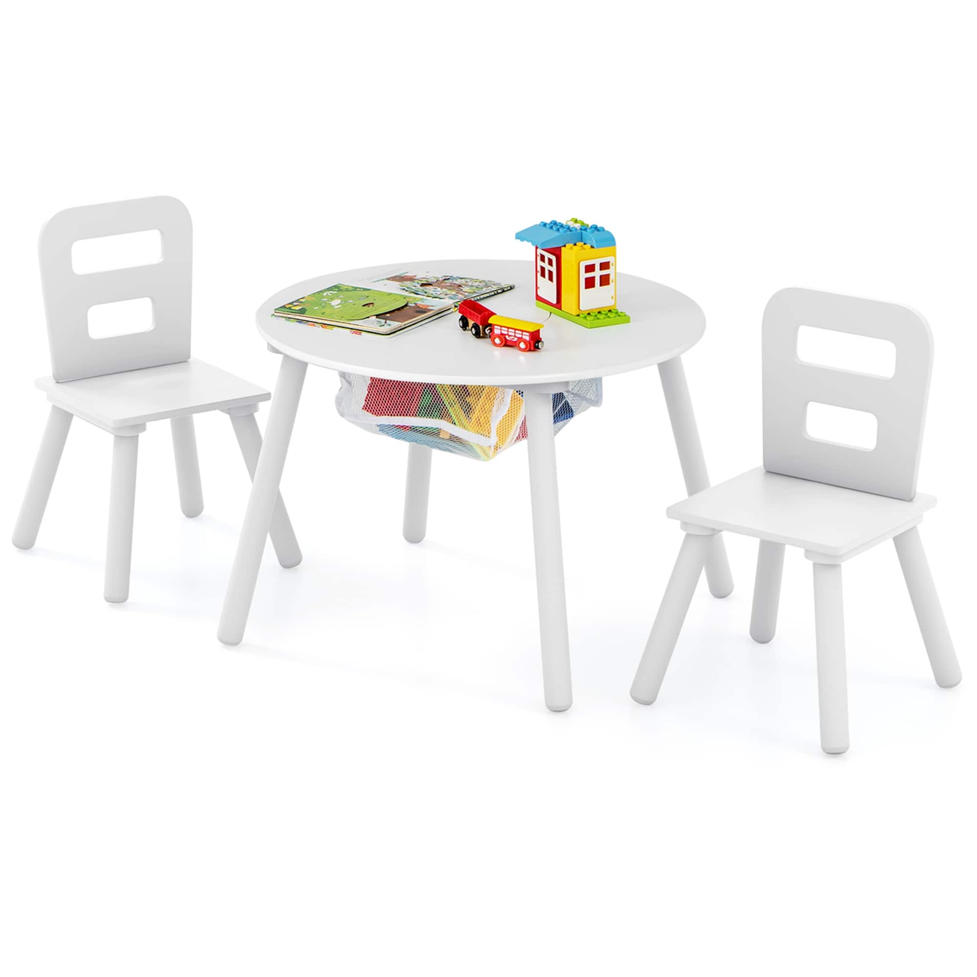 Costway - Kids Wooden Round Table & 2 Chair Set with Center Mesh Storage - White