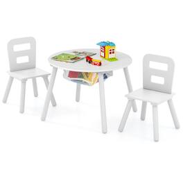 Costway - Kids Wooden Round Table & 2 Chair Set with Center Mesh Storage - White