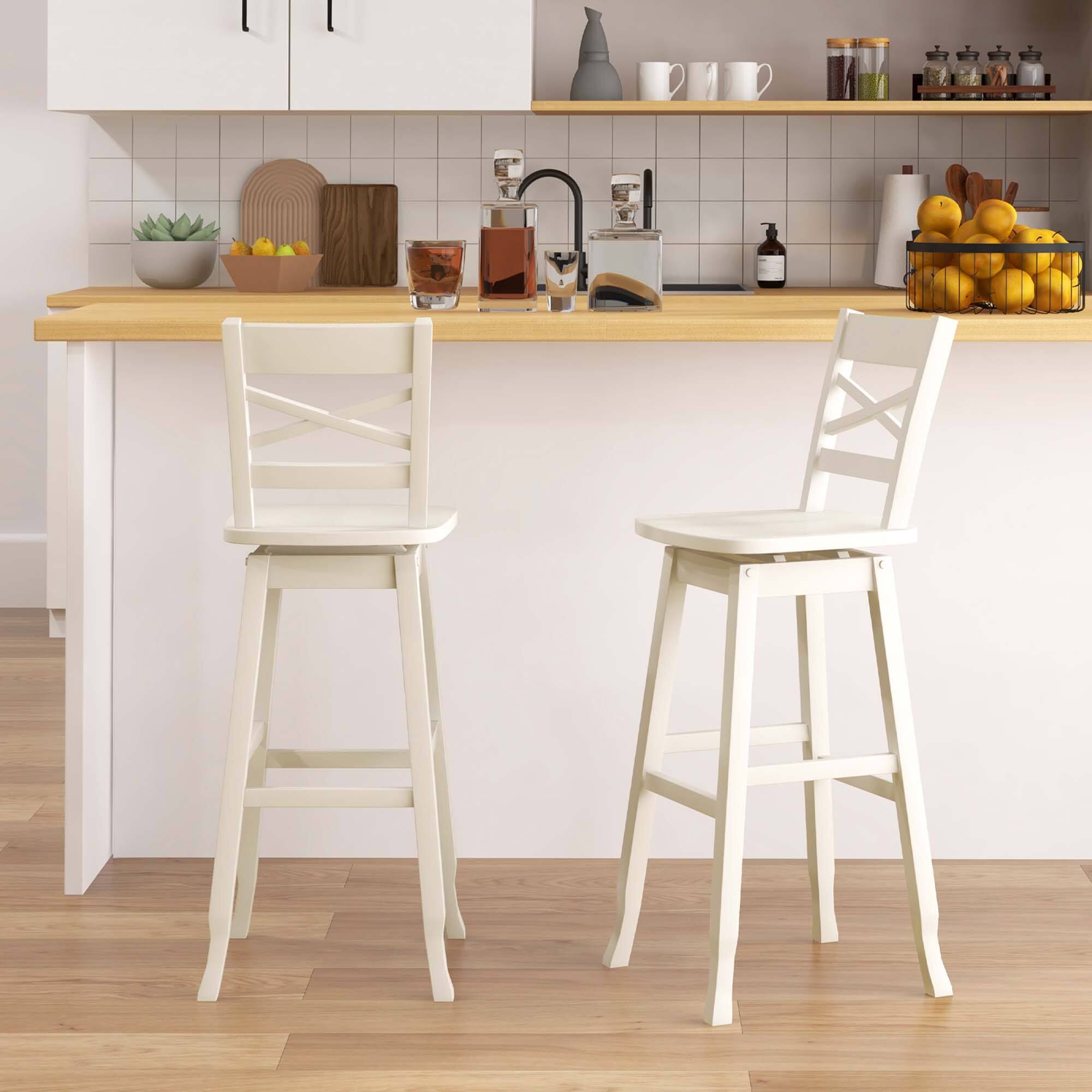 Alt View 1. Costway - 2 PCS 30" Bar Height Stool Rubber Wood Swivel Bar Stool with Inclined Backrest Cream - White.