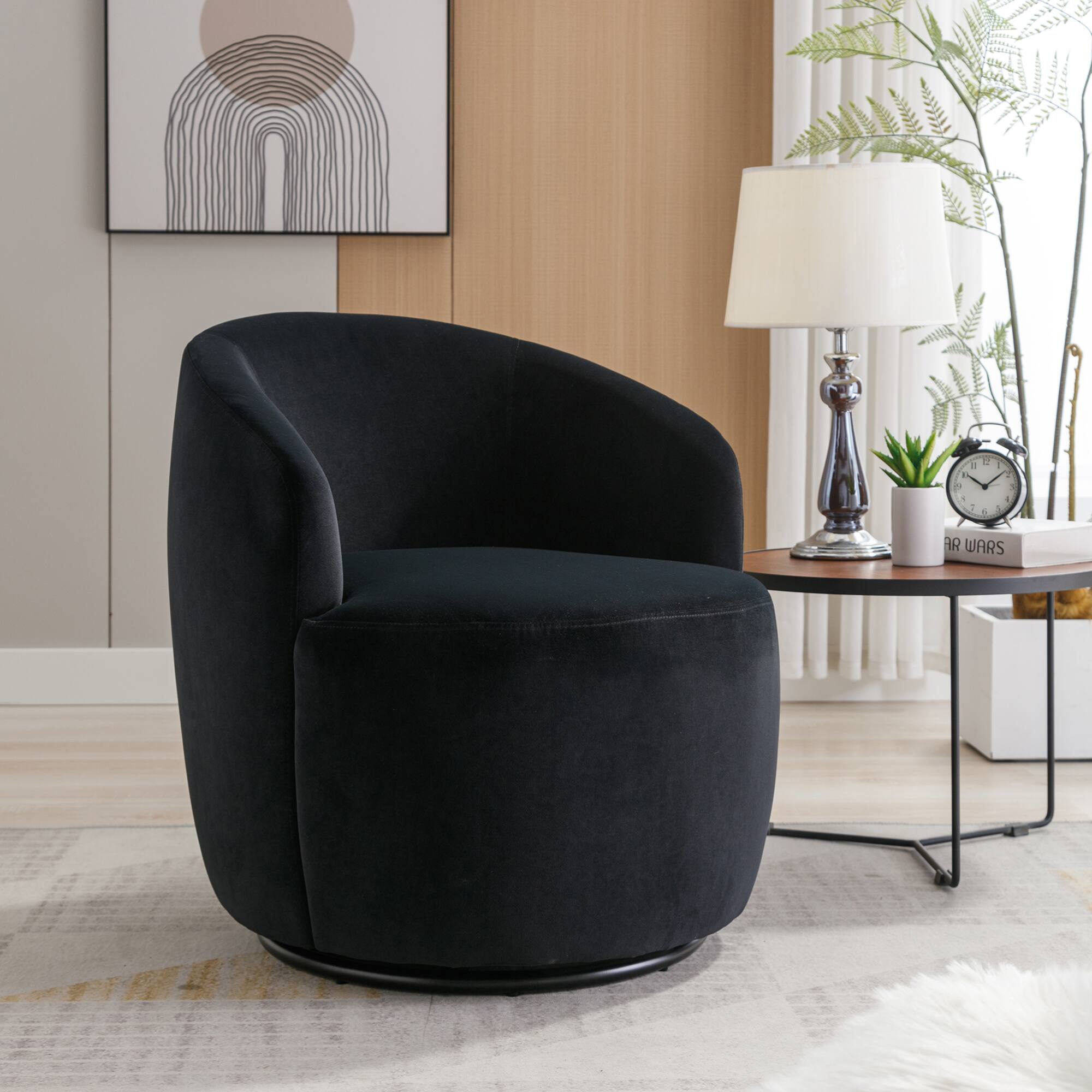 Front. GOODSILO - Contemporary Velvet Swivel Accent Armchair with Ergonomic Design and 360-Degree Rotation - Black.