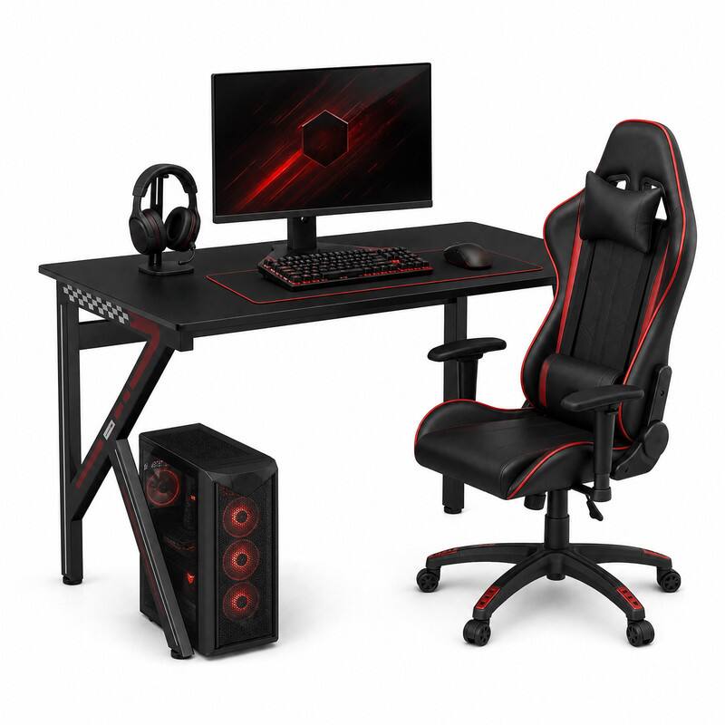Alt View 3. WELLFOR - K-Shaped Gaming Desk with Cup Holder & Headphone , Black Computer Desk for Adults - Black.