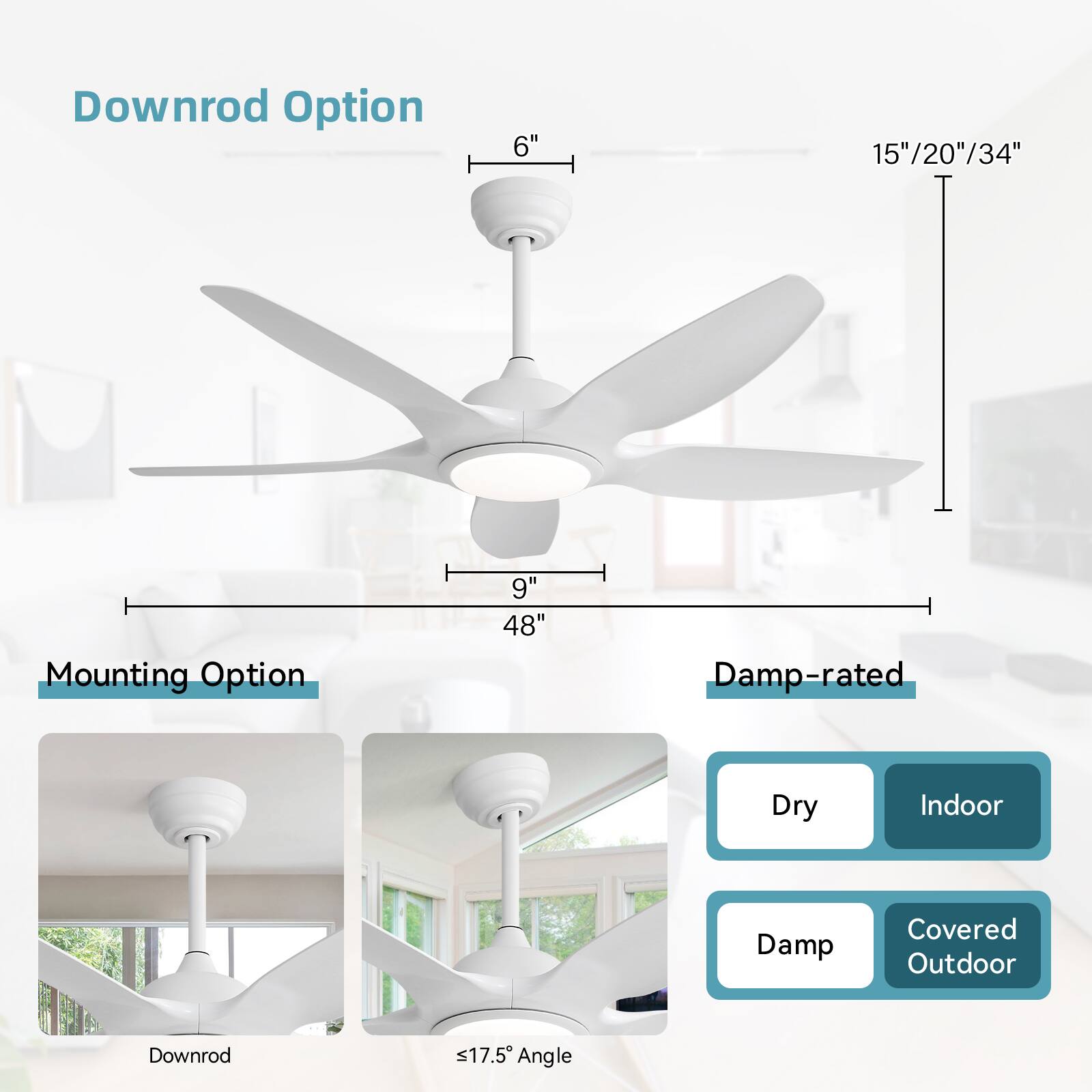 Downrod Option  
6" 15"/20"/34"  
Mounting Option  
9" 48"  
Damp-rated  
Dry Indoor  
Damp Covered Outdoor  
Downrod  
≤17.5° Angle