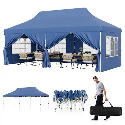 Front. Gymax - Gymax 10 x 20 FT Canopy w/ 6 Detachable Sidewalls Carrying Bag UPF50+ Sun Protection Blue - Blue.
