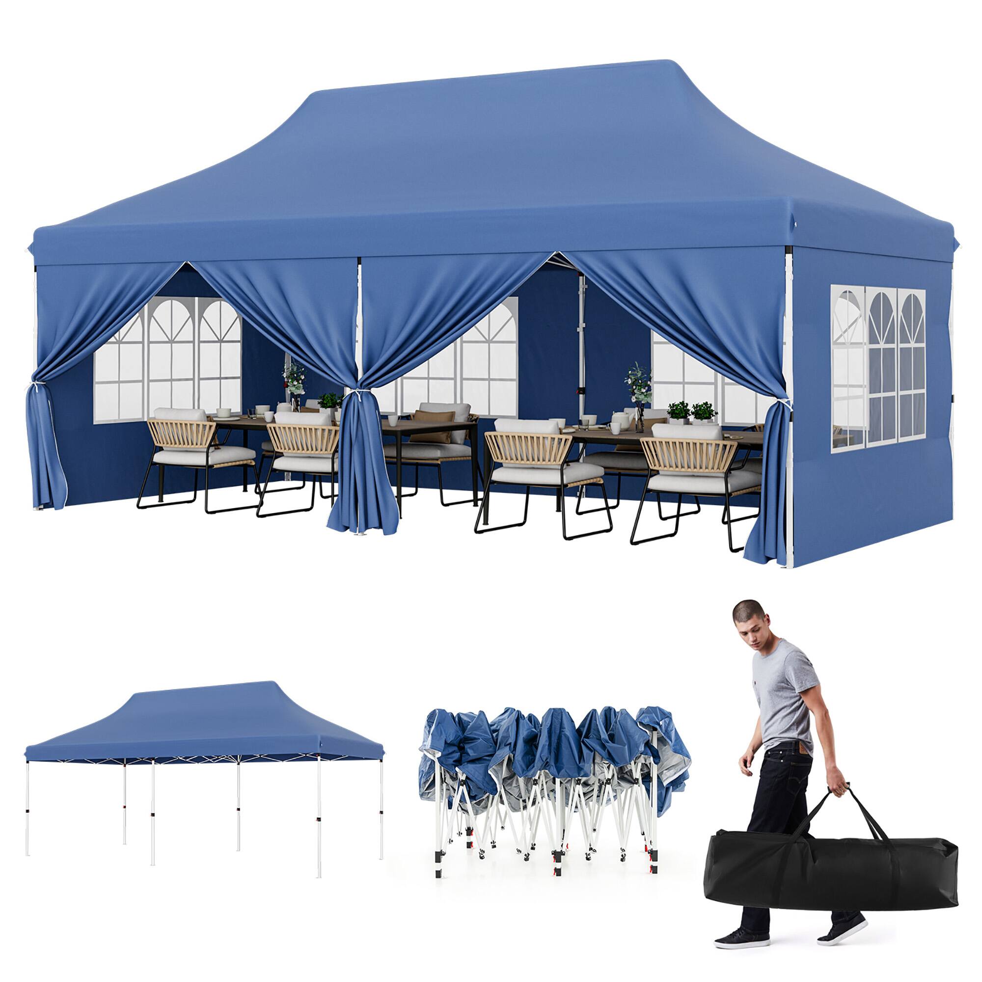 Gymax - 10 x 20 FT Canopy w/ 6 Detachable Sidewalls Carrying Bag UPF50+ Sun Protection - Blue