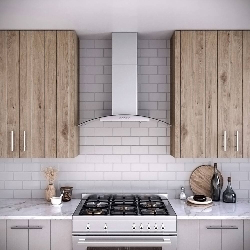 Left. Streamline - 36 in. Borsari Ducted Wall Mount 220 CFM Range Hood, Baffle Filters, Push Button Control, LED Lights - Brushed Stainless Steel.