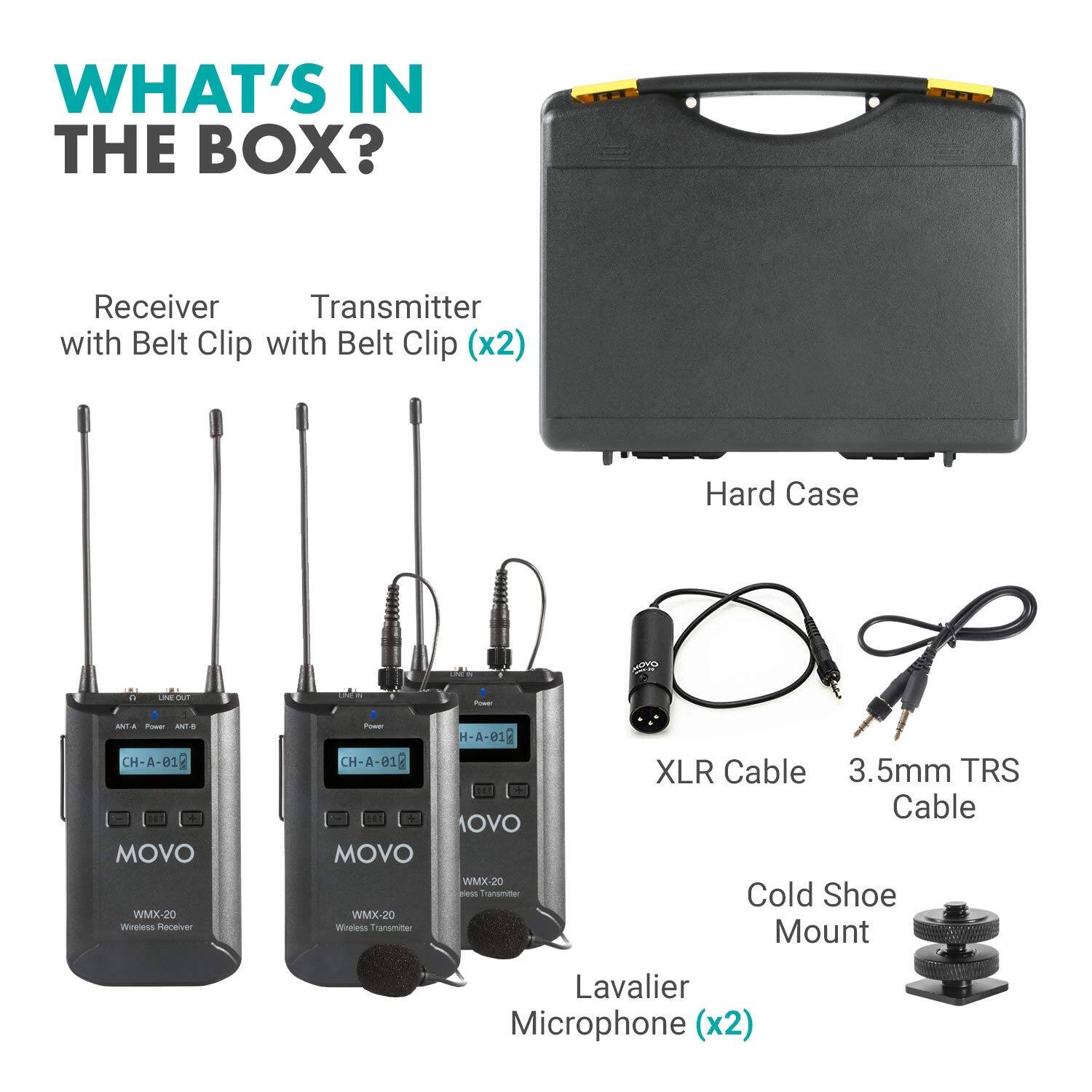 WHAT'S IN THE BOX?

- Receiver with Belt Clip
- Transmitter with Belt Clip (x2)
- Hard Case
- XLR Cable
- 3.5mm TRS Cable
- Cold Shoe Mount
- Lavalier Microphone (x2)
