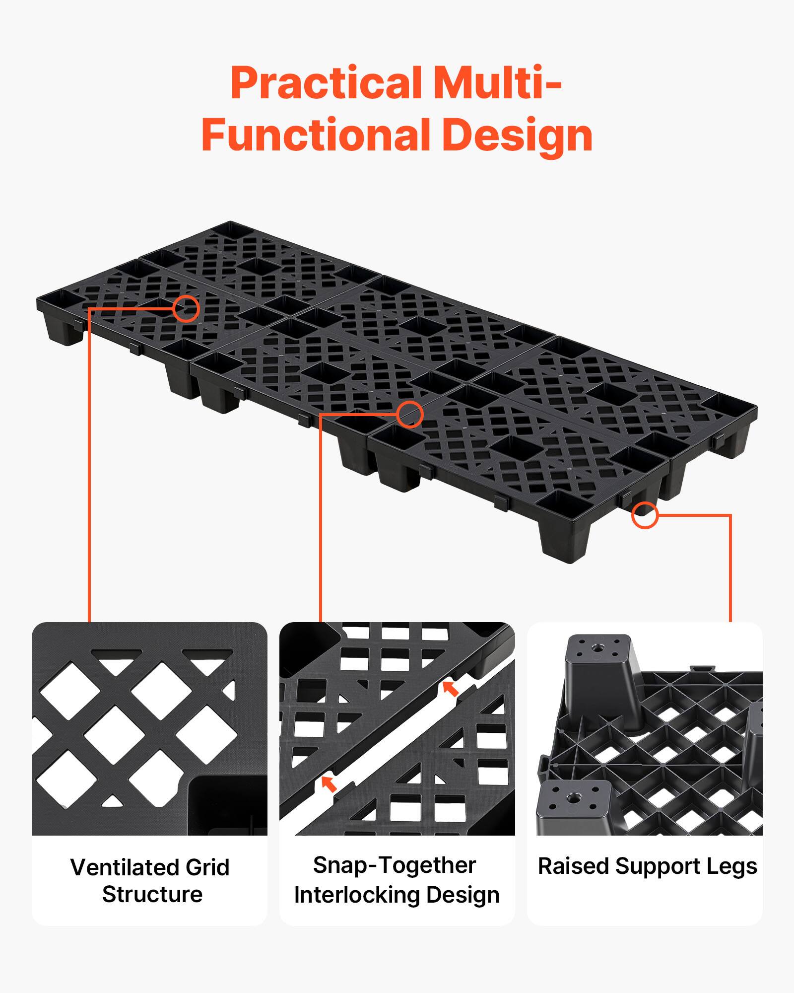 Practical Multi-Functional Design

- Ventilated Grid Structure
- Snap-Together Interlocking Design
- Raised Support Legs
