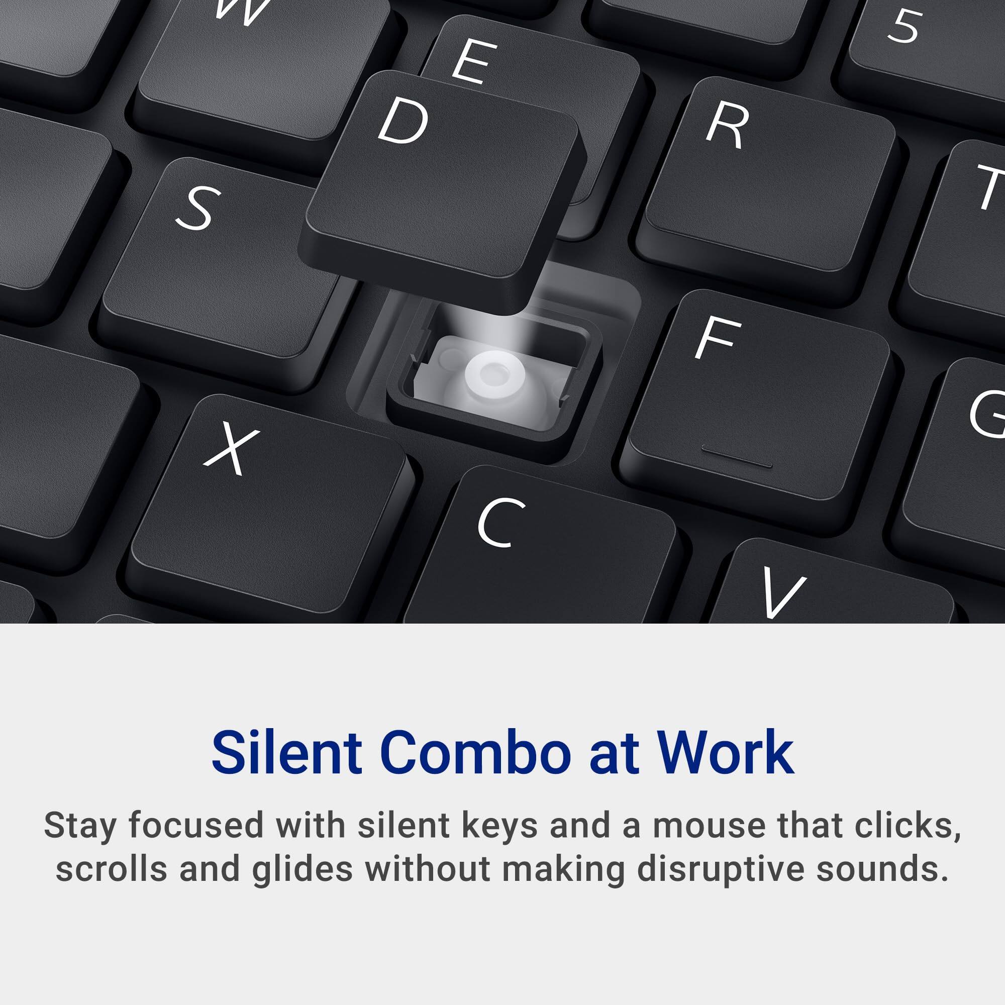Silent Combo at Work

Stay focused with silent keys and a mouse that clicks, scrolls and glides without making disruptive sounds.