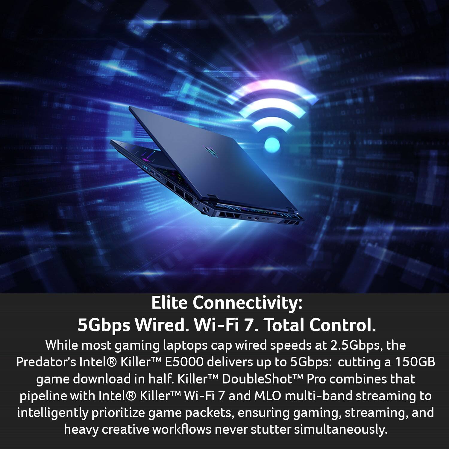 Elite Connectivity: 5Gbps Wired. Wi-Fi 7. Total Control.

While most gaming laptops cap wired speeds at 2.5Gbps, the Predator's Intel® Killer™ E5000 delivers up to 5Gbps: cutting a 150GB game download in half. Killer™ DoubleShot™ Pro combines that pipeline with Intel® Killer™ Wi-Fi 7 and MLO multi-band streaming to intelligently prioritize game packets, ensuring gaming, streaming, and heavy creative workflows never stutter simultaneously.