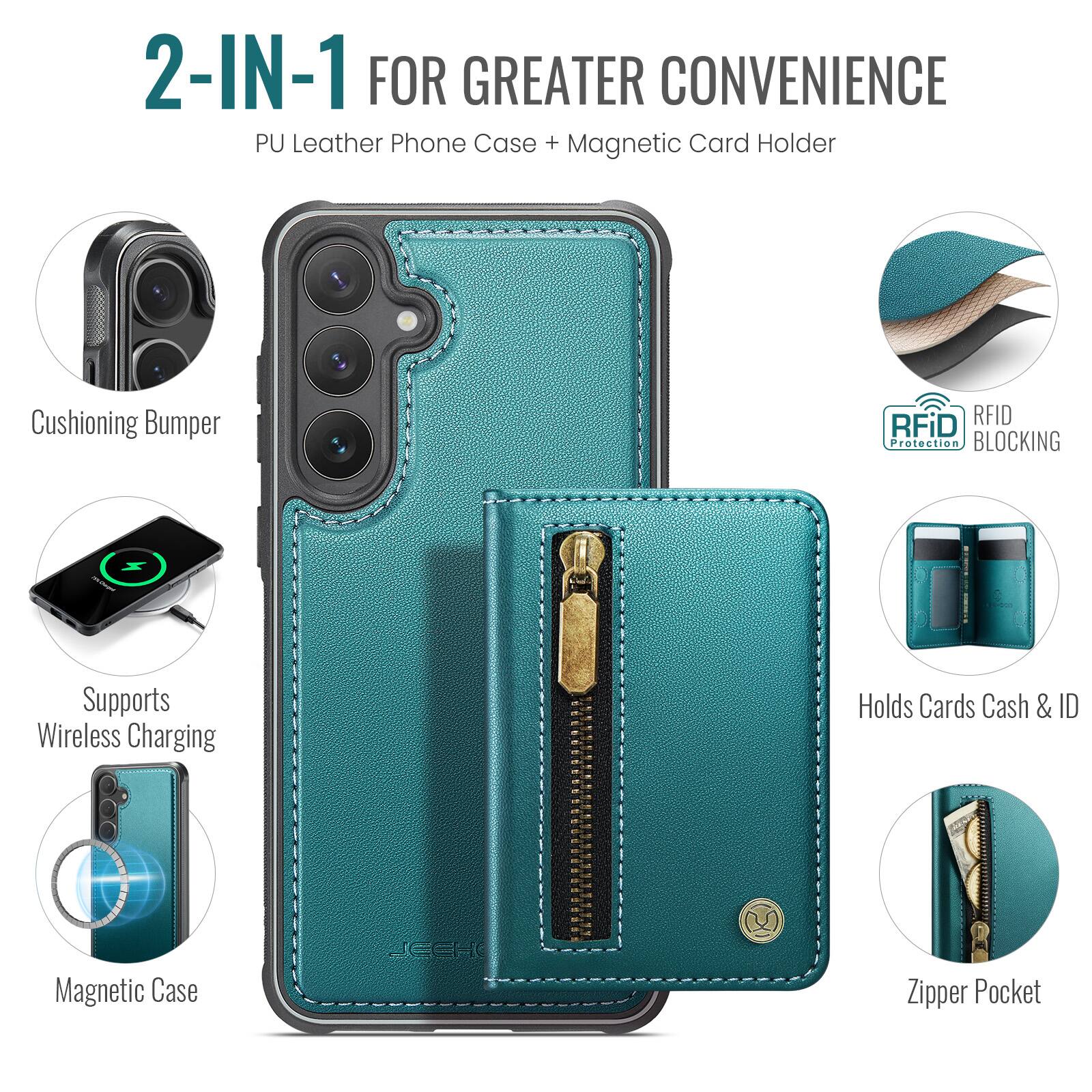2-IN-1 FOR GREATER CONVENIENCE  
PU Leather Phone Case + Magnetic Card Holder  

- Cushioning Bumper  
- Supports Wireless Charging  
- Magnetic Case  
- RFID Protection BLOCKING  
- Holds Cards Cash & ID  
- Zipper Pocket
