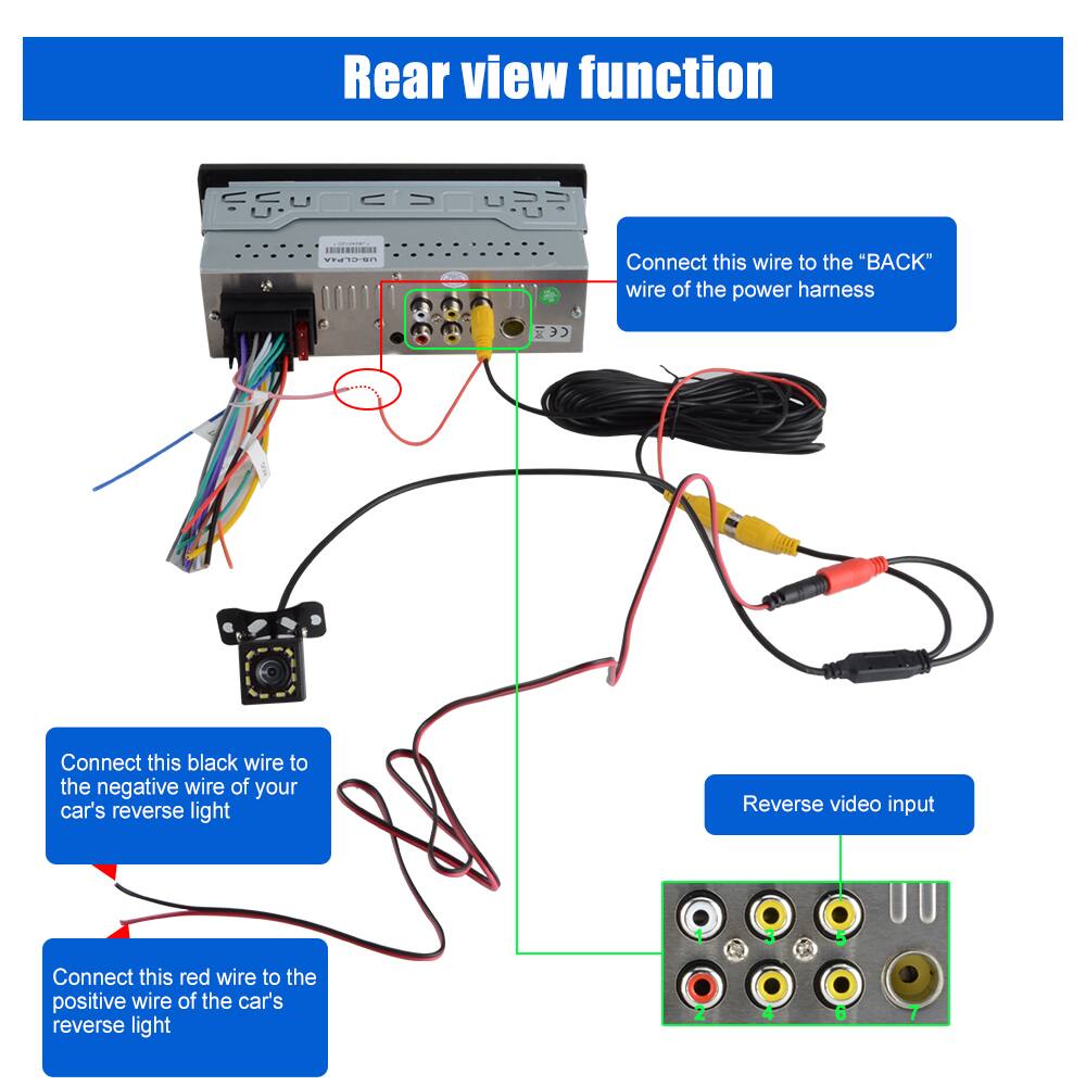 Rear view function

- Connect this wire to the "BACK" wire of the power harness
- Connect this black wire to the negative wire of your car's reverse light
- Connect this red wire to the positive wire of the car's reverse light

Reverse video input