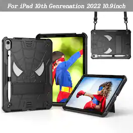 Dteck - Rugged Case for Apple iPad (A16) 11" 2025 with Detachable Shoulder Strap, Heavy Duty Shockproof Cover Built-in Kickstand - Black