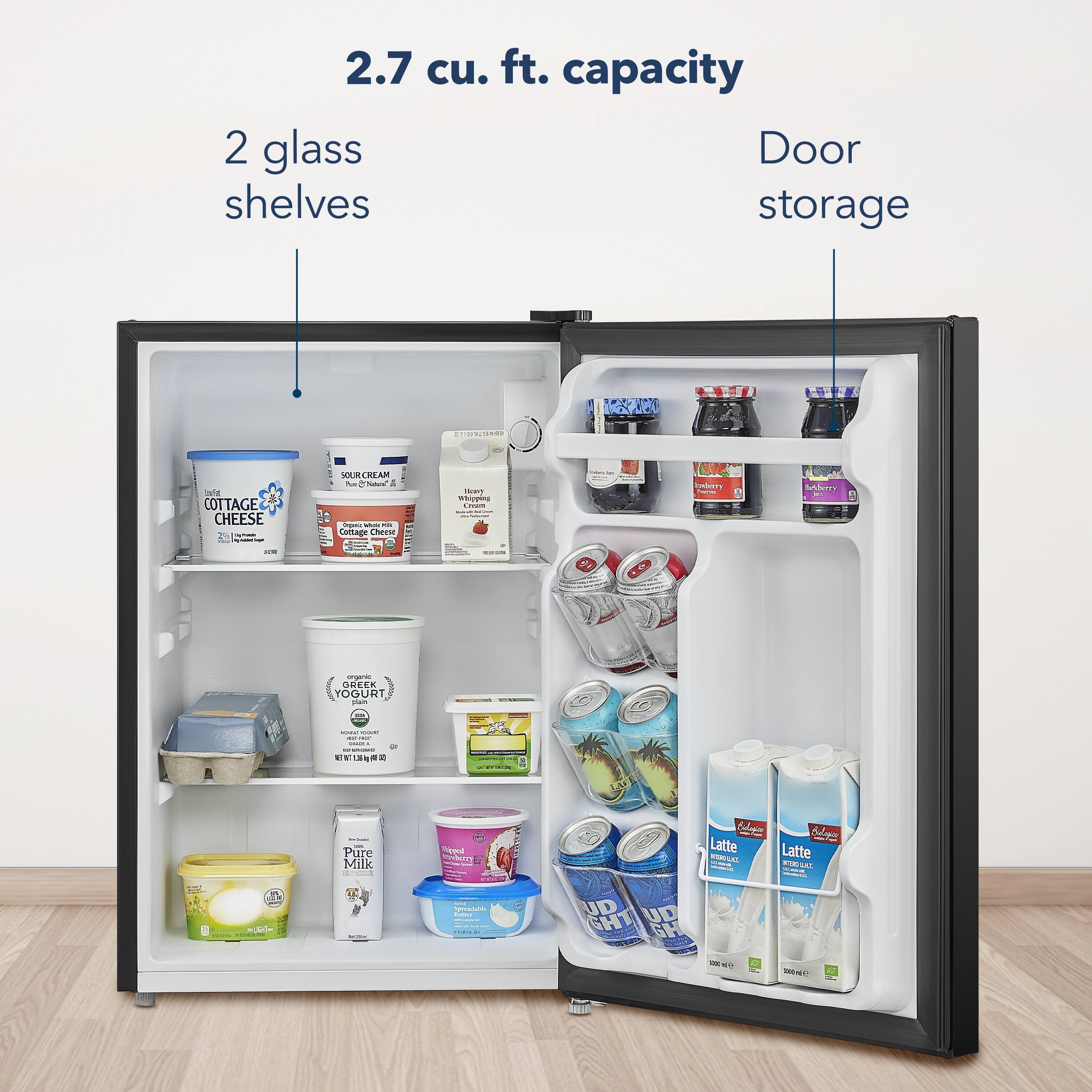 2.7 cu. ft. capacity

2 glass shelves

Door storage