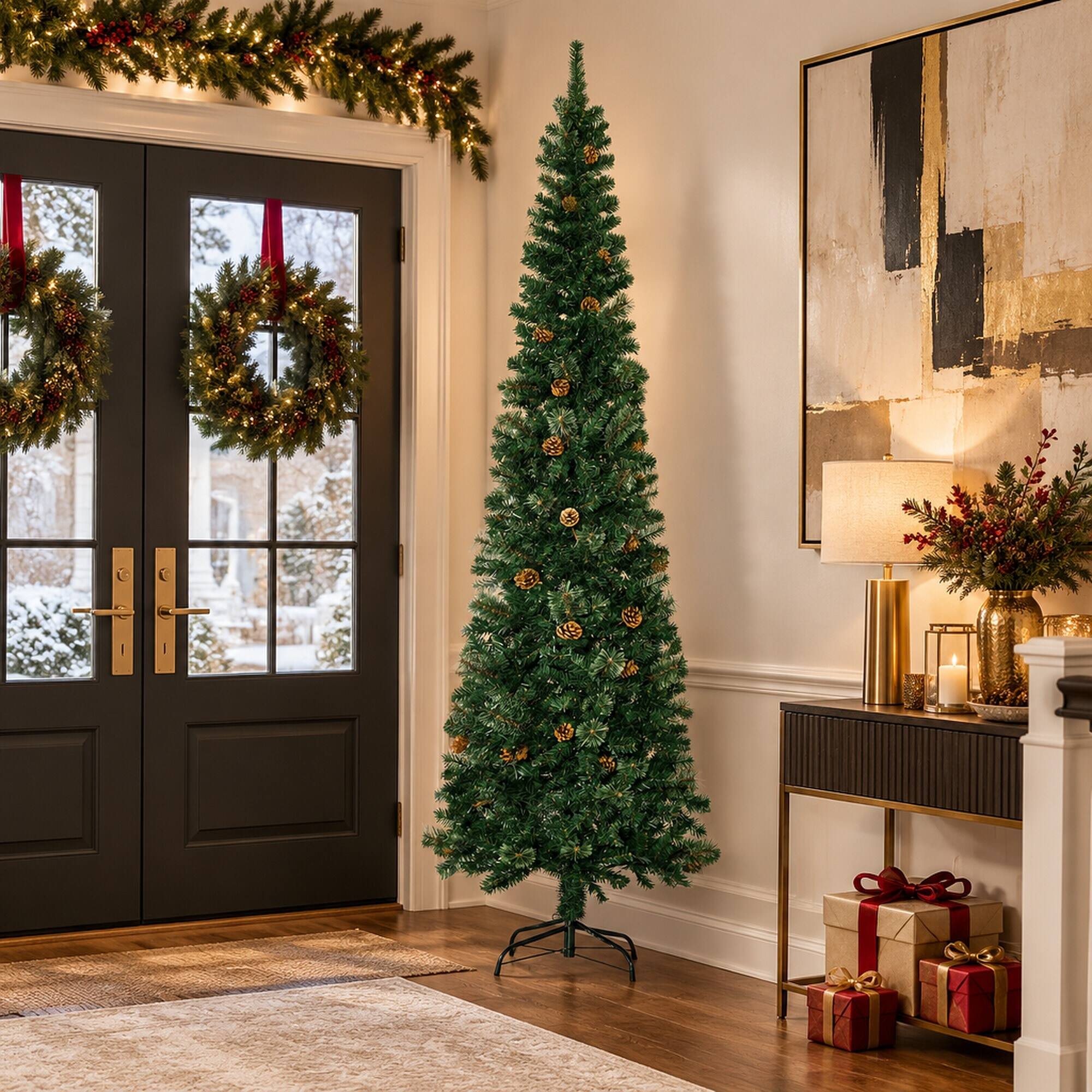 Alt View 2. RYHNUYNE - 7.5 Ft Slim Pencil Green Artificial Christmas Tree With Realistic Pine Needle Branches, Pine Cones Metal Base Decor - Green.