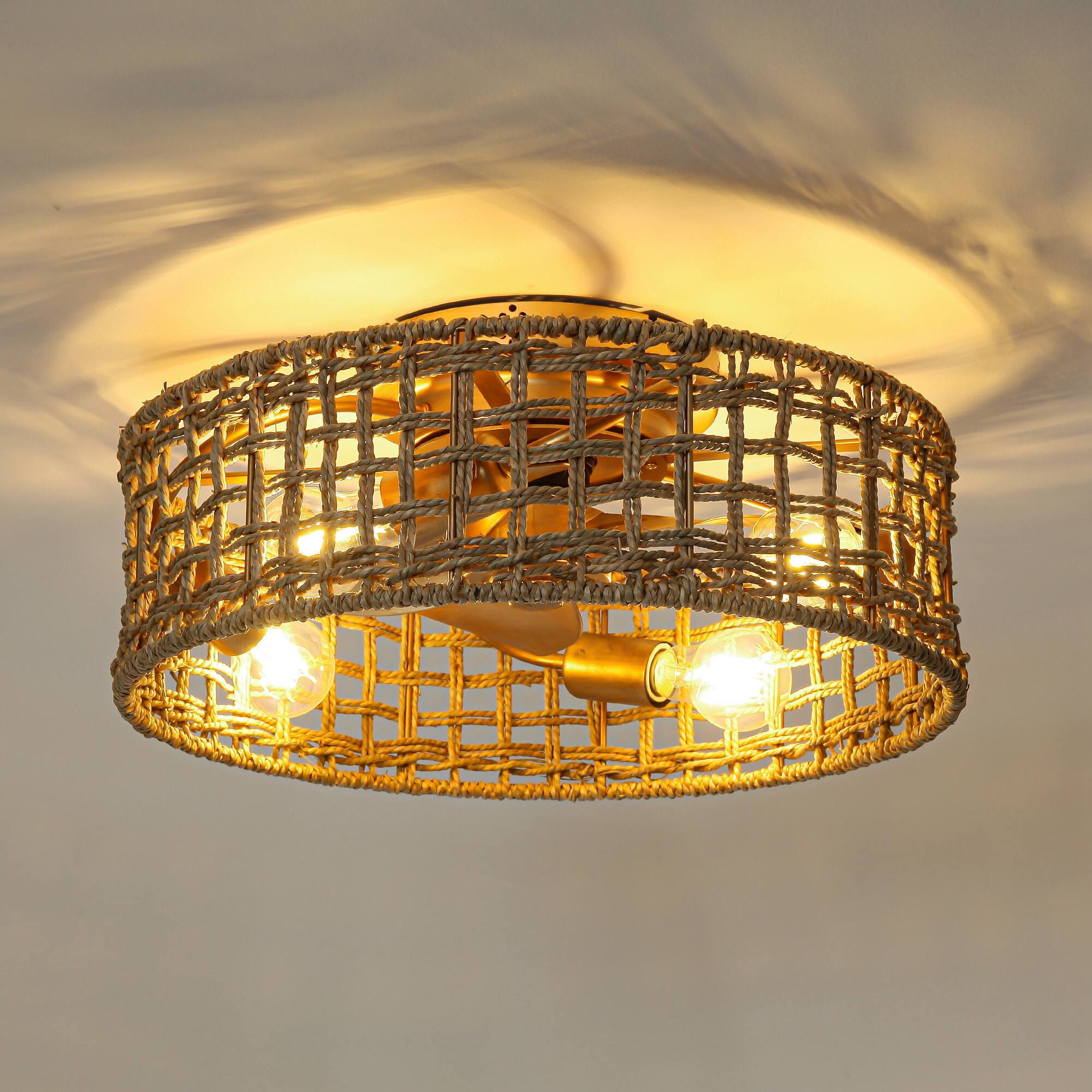 Alt View 6. Parrot Uncle - 17.72 in. Farmhouse Caged Straw Woven Smart Ceiling Fan with Light and Remote and App Control - Gold.