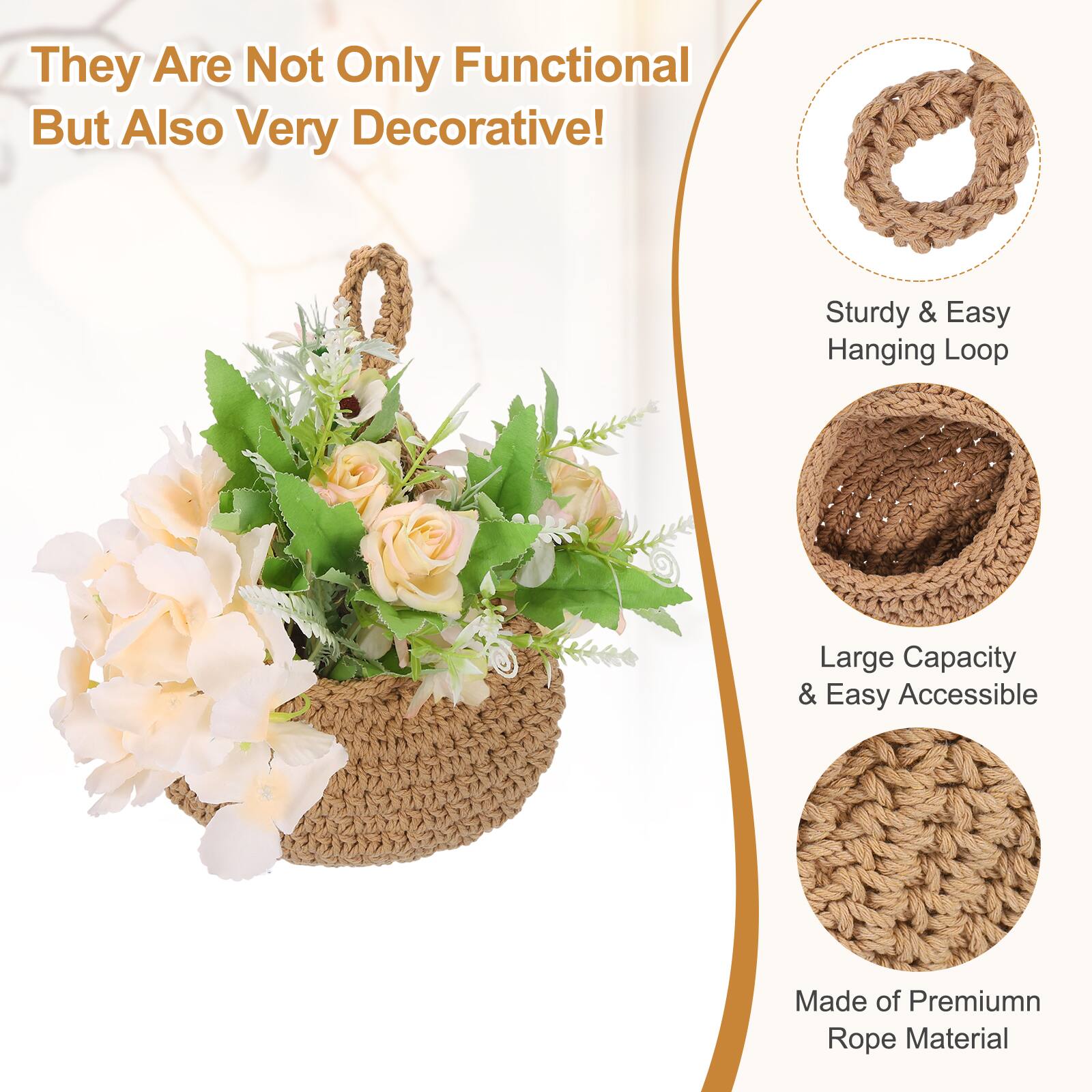 They Are Not Only Functional But Also Very Decorative! Sturdy & Easy Hanging Loop Large Capacity & Easy Accessible Made of Premium Rope Material