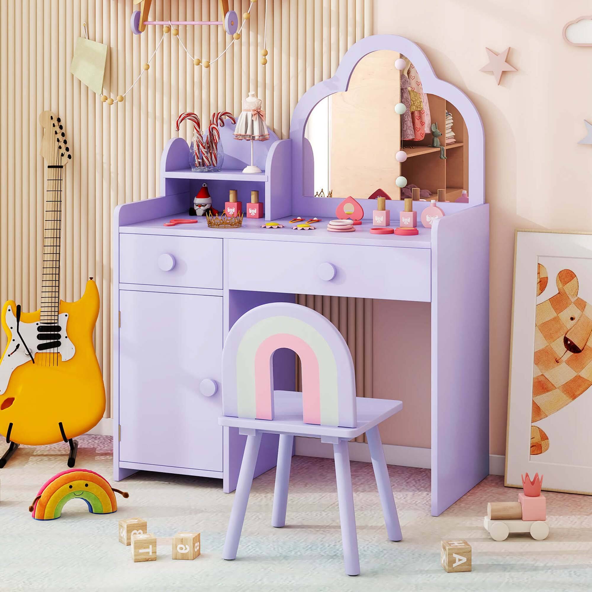 Alt View 4. Costway - Costway Kids Vanity Table and Chair Set with Cloud-shaped Mirror Open Shelf Storage Drawers - Purple.