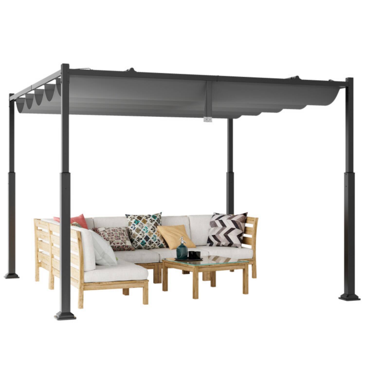 Alt View 5. Mondawe - 10 x 10 FT Freestanding Pergola with Retractable Canopy and Metal Poles - Grey+Black.