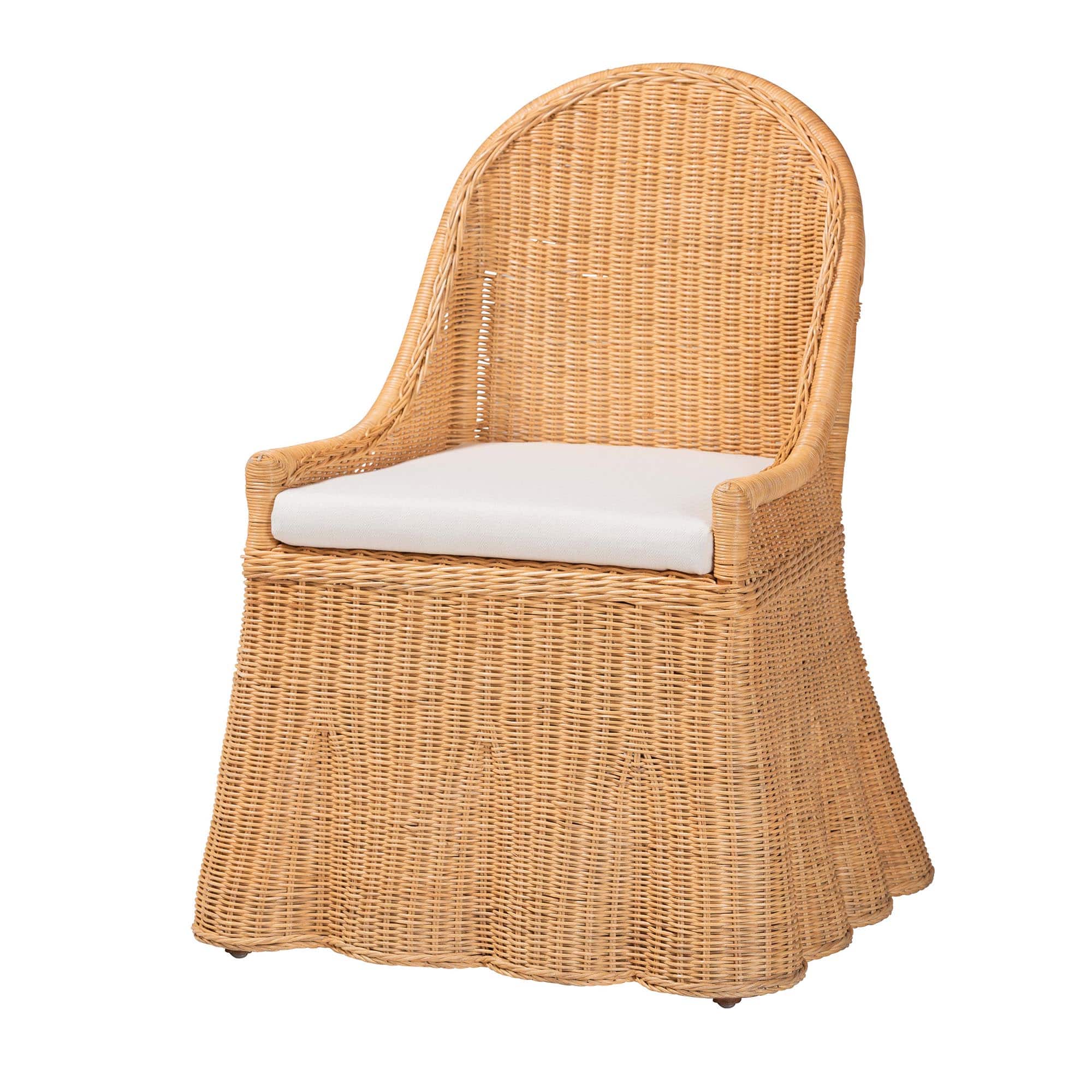 bali & pari - Maya Natural Rattan Accent Chair - Hand Woven Wicker Dining Chair with Scalloped Skirt and Cushion - Light Honey