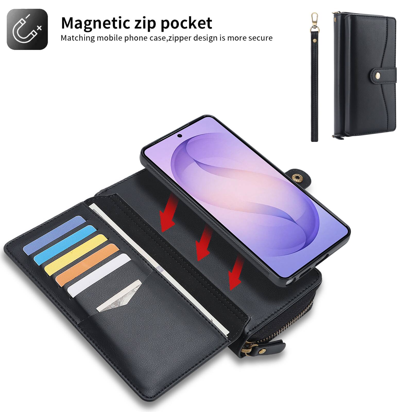 Magnetic zip pocket  
Matching mobile phone case, zipper design is more secure