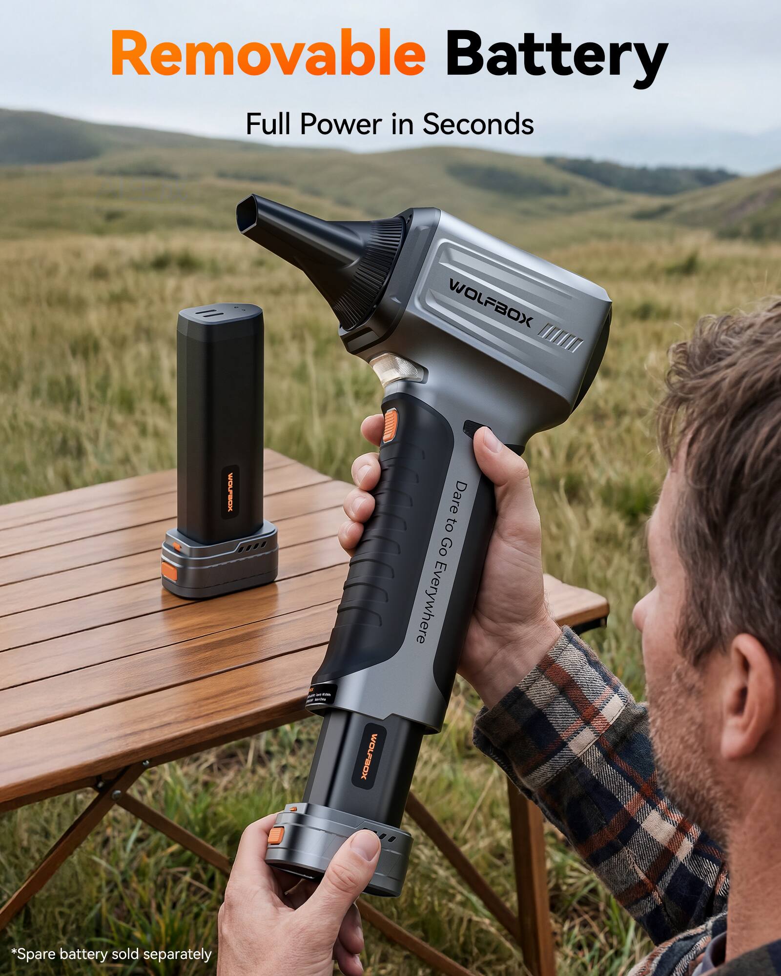 Removable Battery  
Full Power in Seconds  

WOLFBOX  
WOLFBOX Dare to Go Everywhere - WOLFBOX  
*Spare battery sold separately