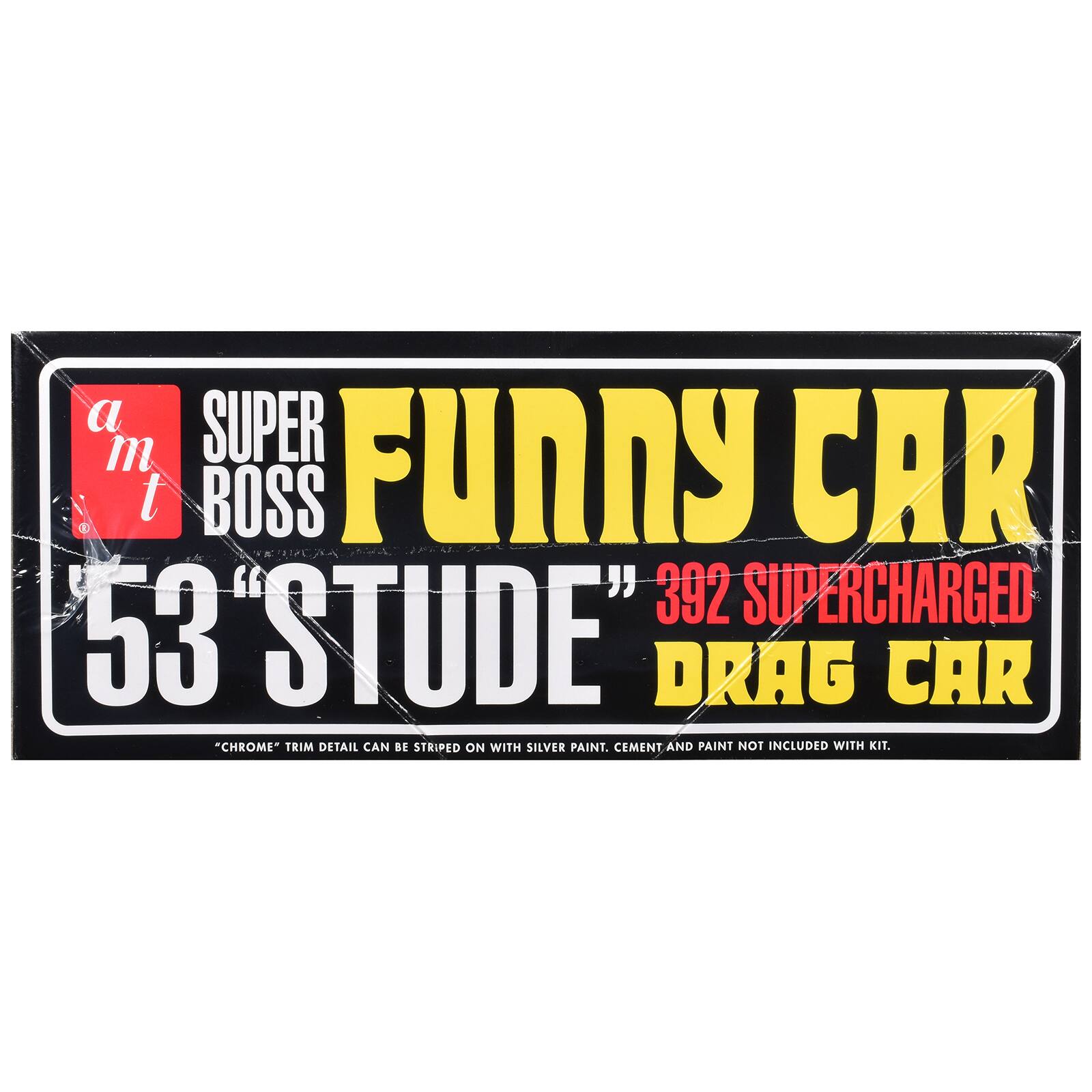 a SUPER m FUNNY CAR t BOSS 53"STUDE" 392 SUPERCHARGED DRAG CAR "CHROME" TRIM DETAIL CAN BE STRIPED ON WITH SILVER PAINT. CEMENT AND PAINT NOT INCLUDED WITH KIT.
