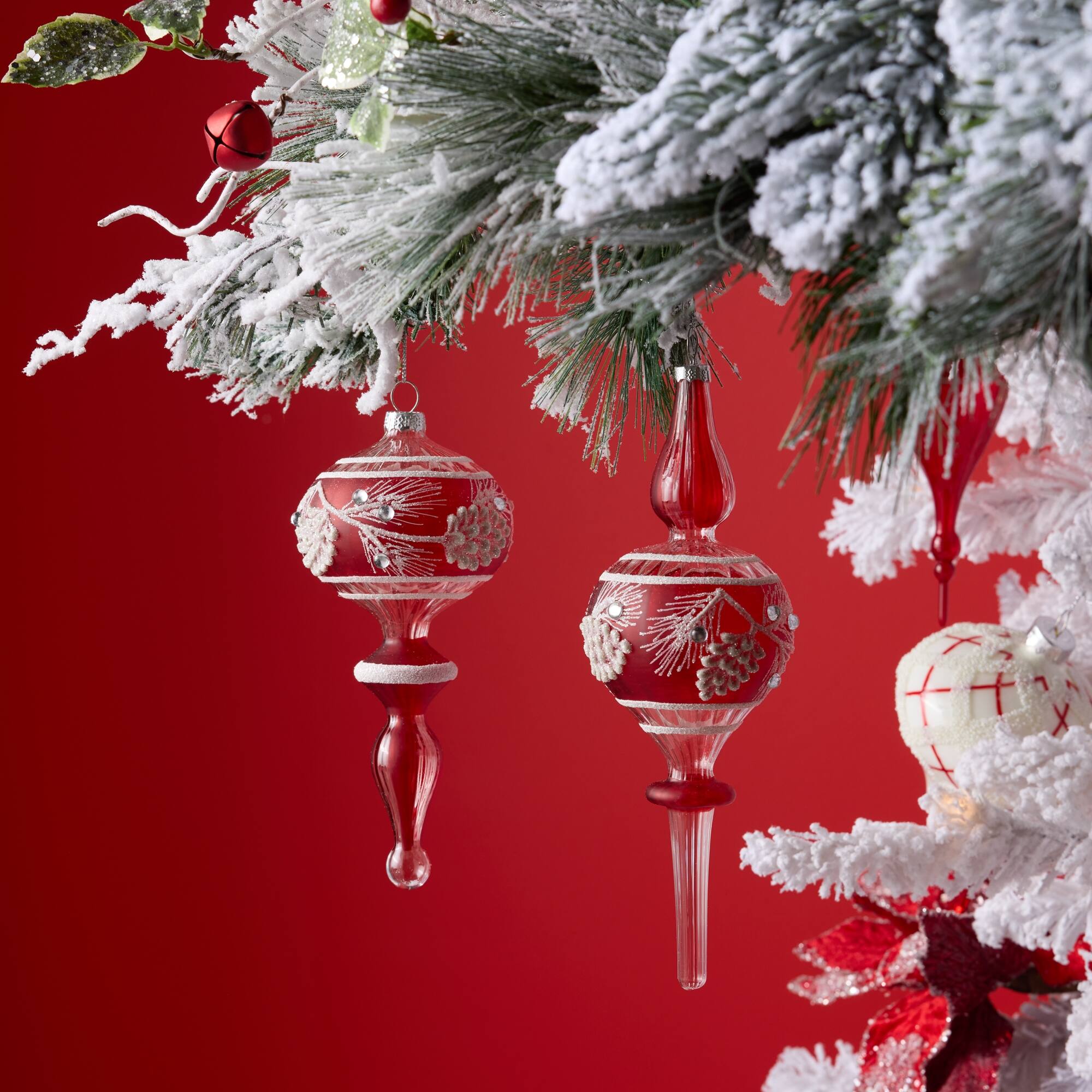 Left. BreeBe - Glittered Glass Pinecone Finial Drop Ornament (Set of 6) - Red, White.