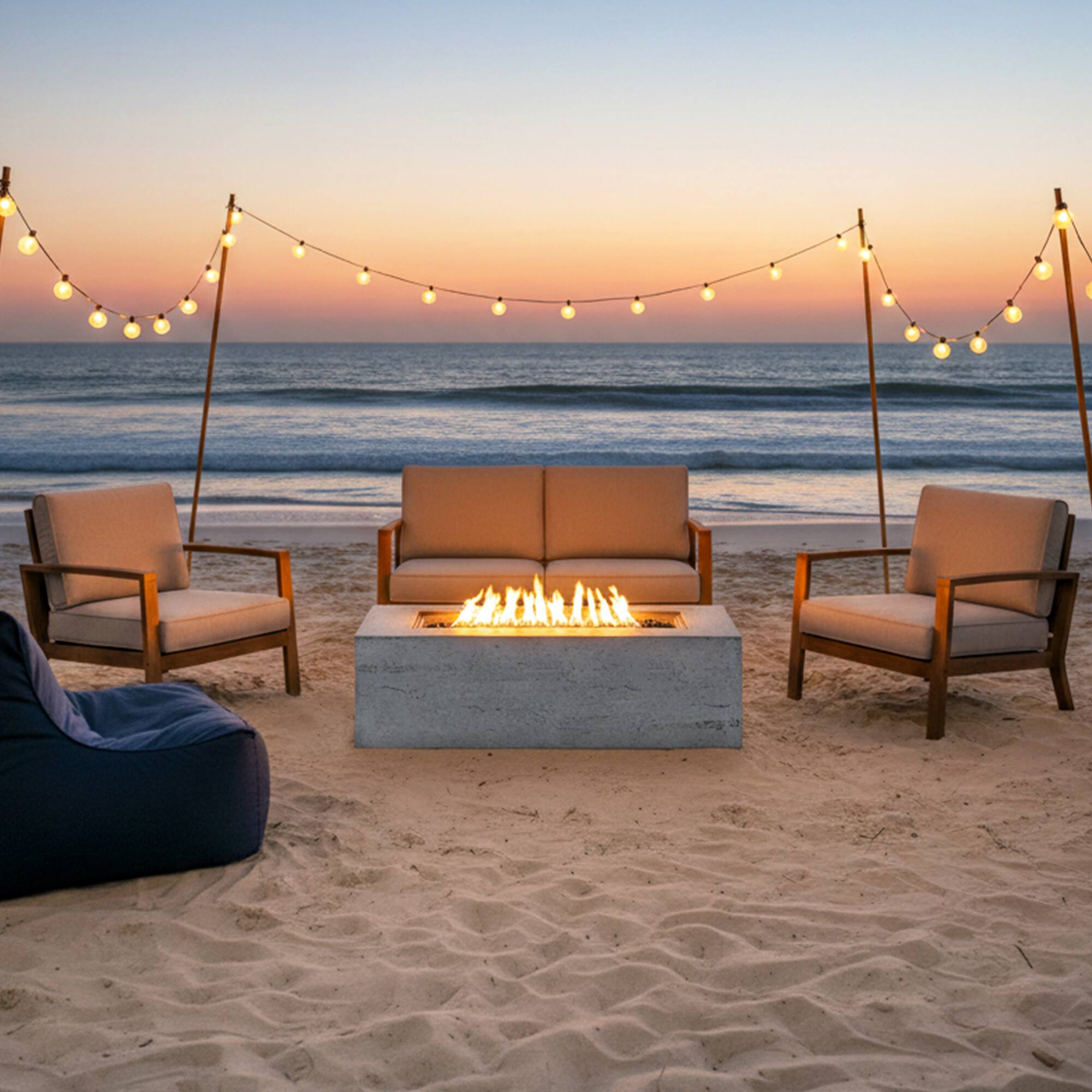Angle. Whisen - 2-Piece Propane Fire Pit Table Set, MGO Rectangle Fire Pit with Tank Cover Side Table for Patio - Light Gray.
