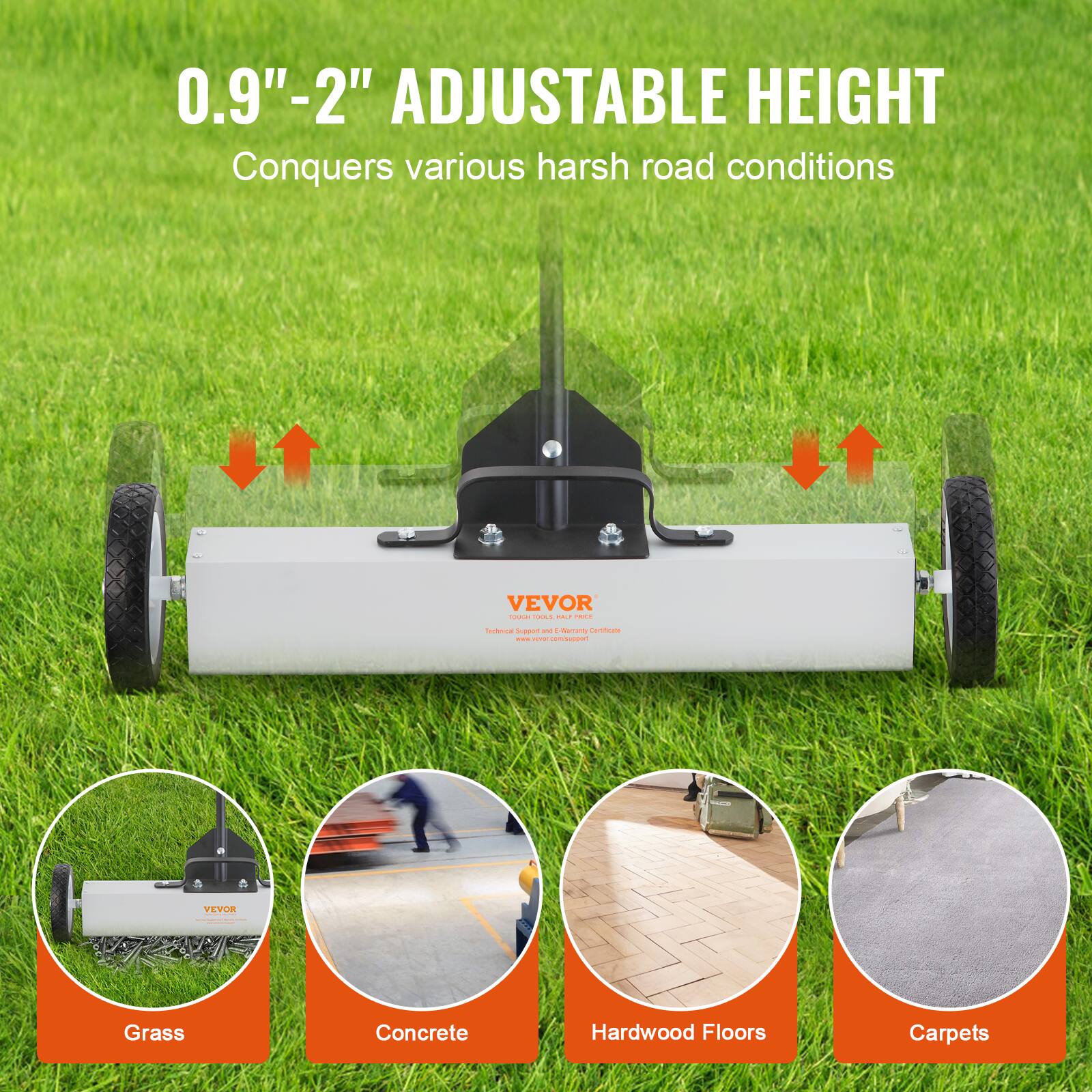 0.9" - 2" Adjustable Height  
Conquers various harsh road conditions  

Grass  
Concrete  
Hardwood Floors  
Carpets