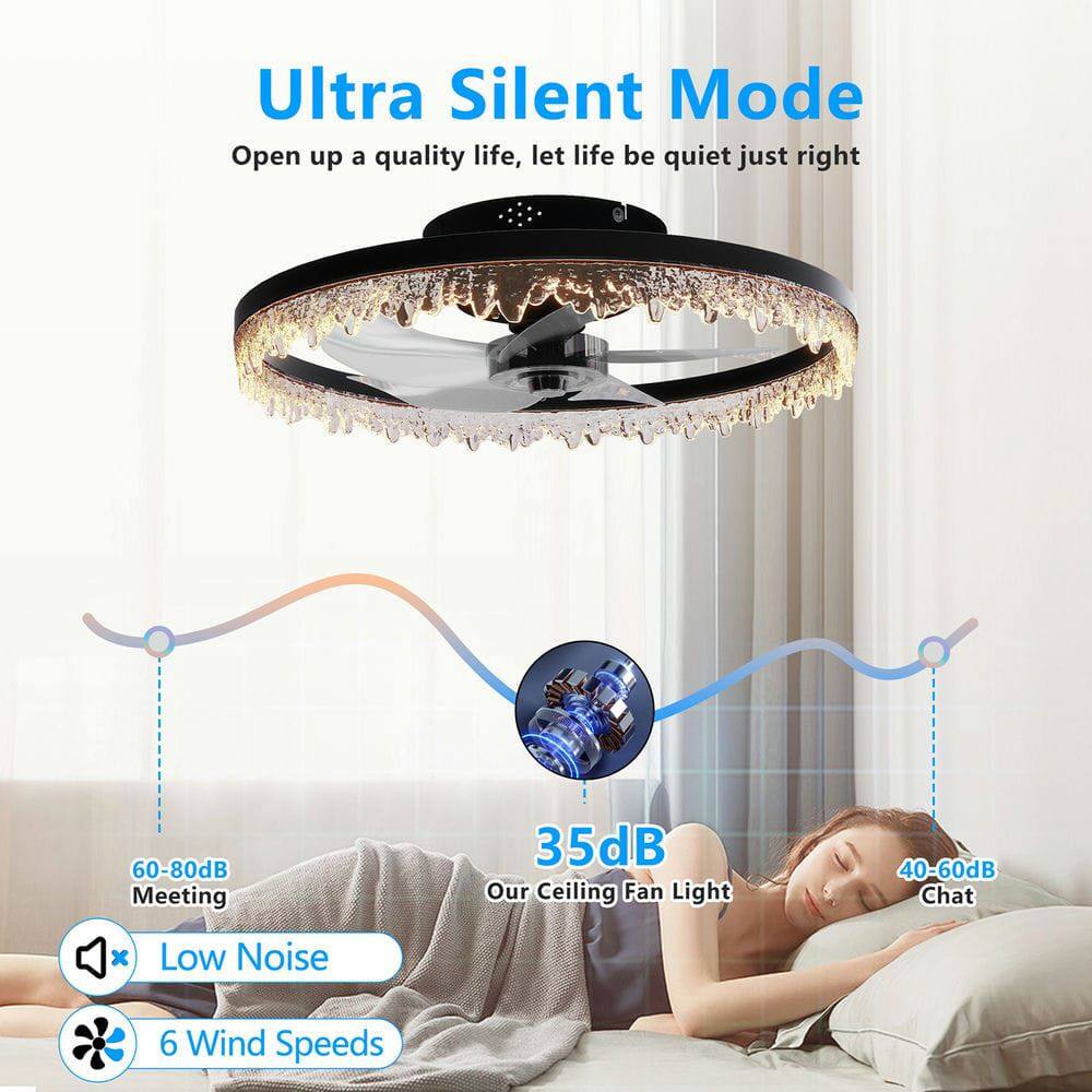 Ultra Silent Mode  
Open up a quality life, let life be quiet just right  

35dB  
Our Ceiling Fan Light  

60-80dB  
Meeting  

40-60dB  
Chat  

Low Noise  
6 Wind Speeds