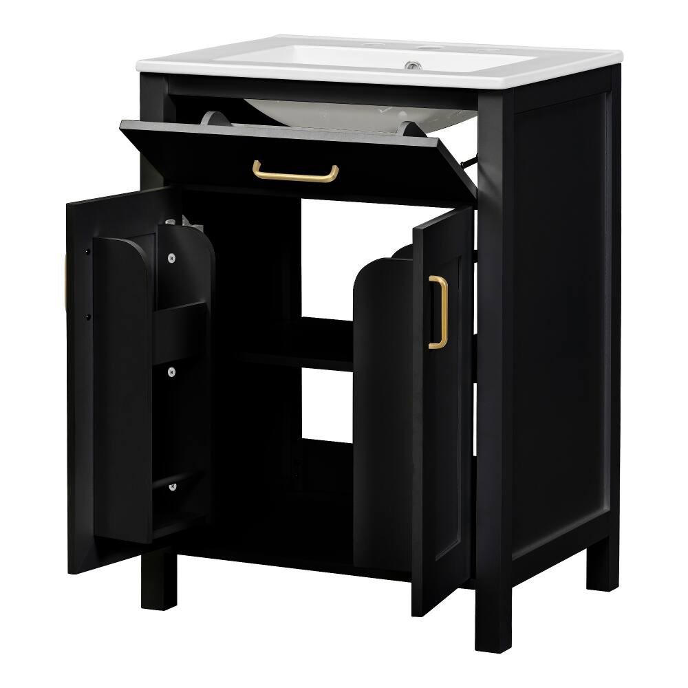 Alt View 9. Loheer - Loheer 24 inch bathroom vanity combo Black Solid Wood Freestanding Cabinet with Ceramic Sink - Black.