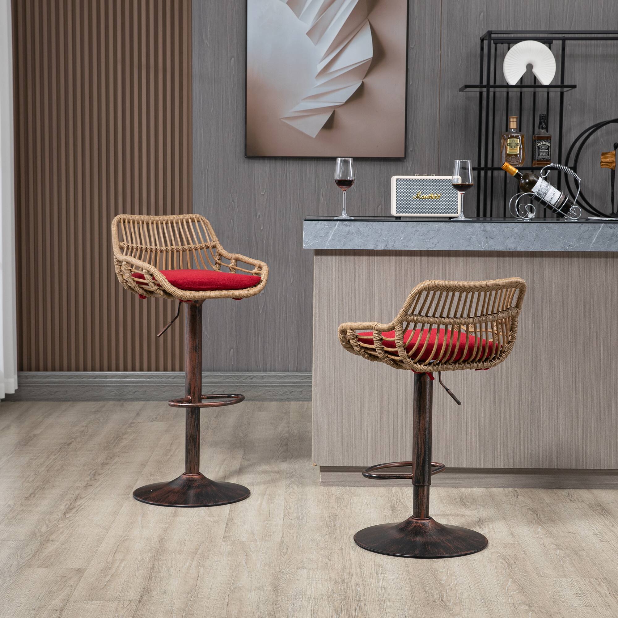 Alt View 1. Trinkets Crazed - Rattan Bar Stools Set of 2, Adjustable Barstools with Linen Cushion, 360° Swivel Bar Stool for Kitchen and Bar - Red.