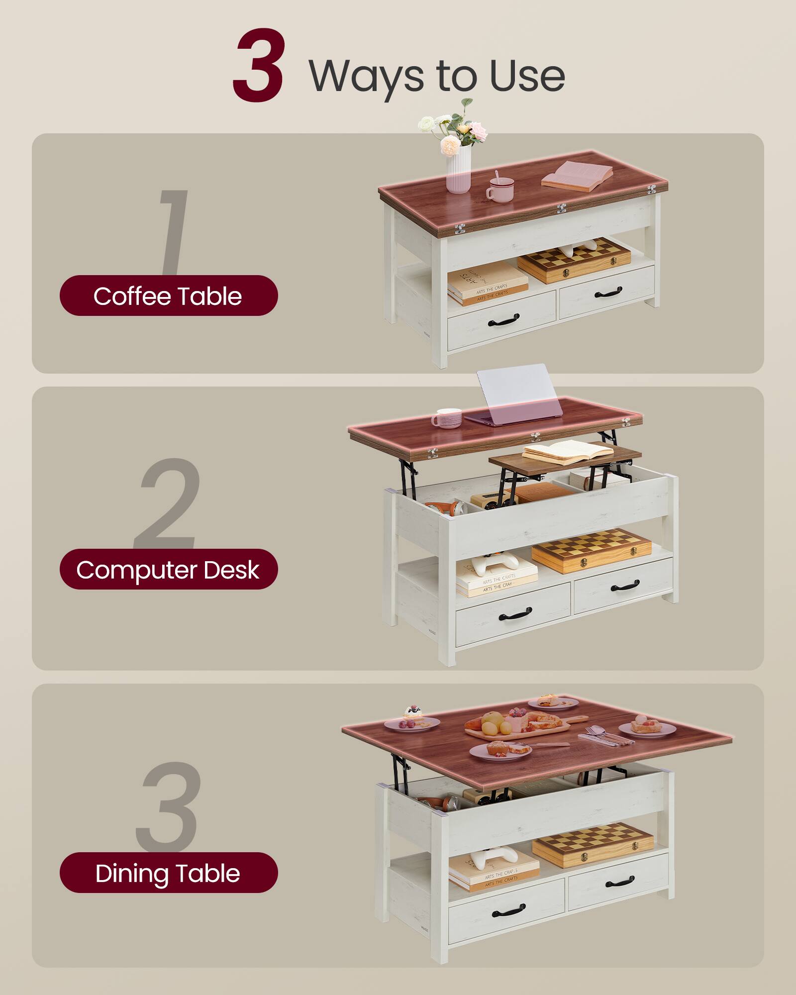3 Ways to Use

1. Coffee Table
2. Computer Desk
3. Dining Table