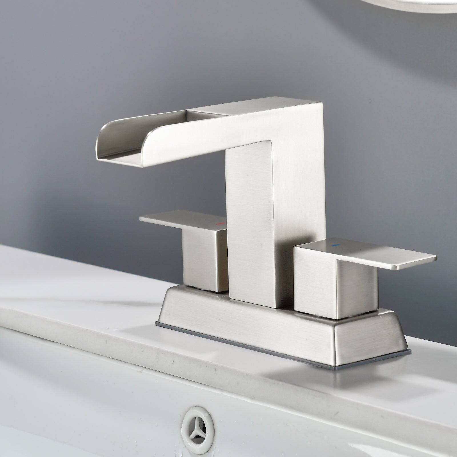 Alt View 2. Boyel Living - Brushed 4 Inch Centerset Faucet SUS304 Waterfall Spout 1.2GPM Dual Handle Pop Up Drain - Brushed Nickel.
