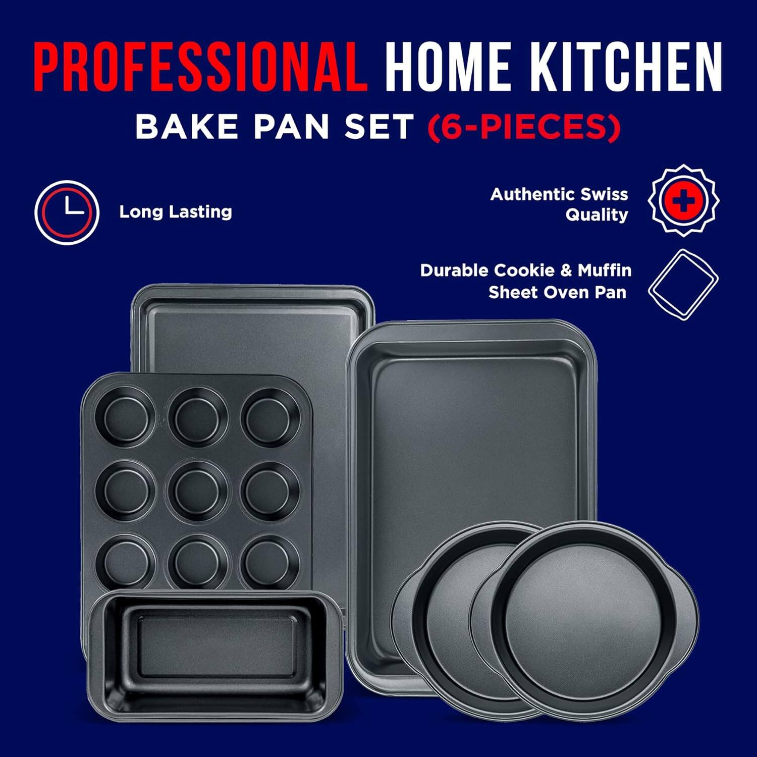 PROFESSIONAL HOME KITCHEN BAKE PAN SET (6-PIECES) Long Lasting Authentic Swiss Quality Durable Cookie & Muffin Sheet Oven Pan