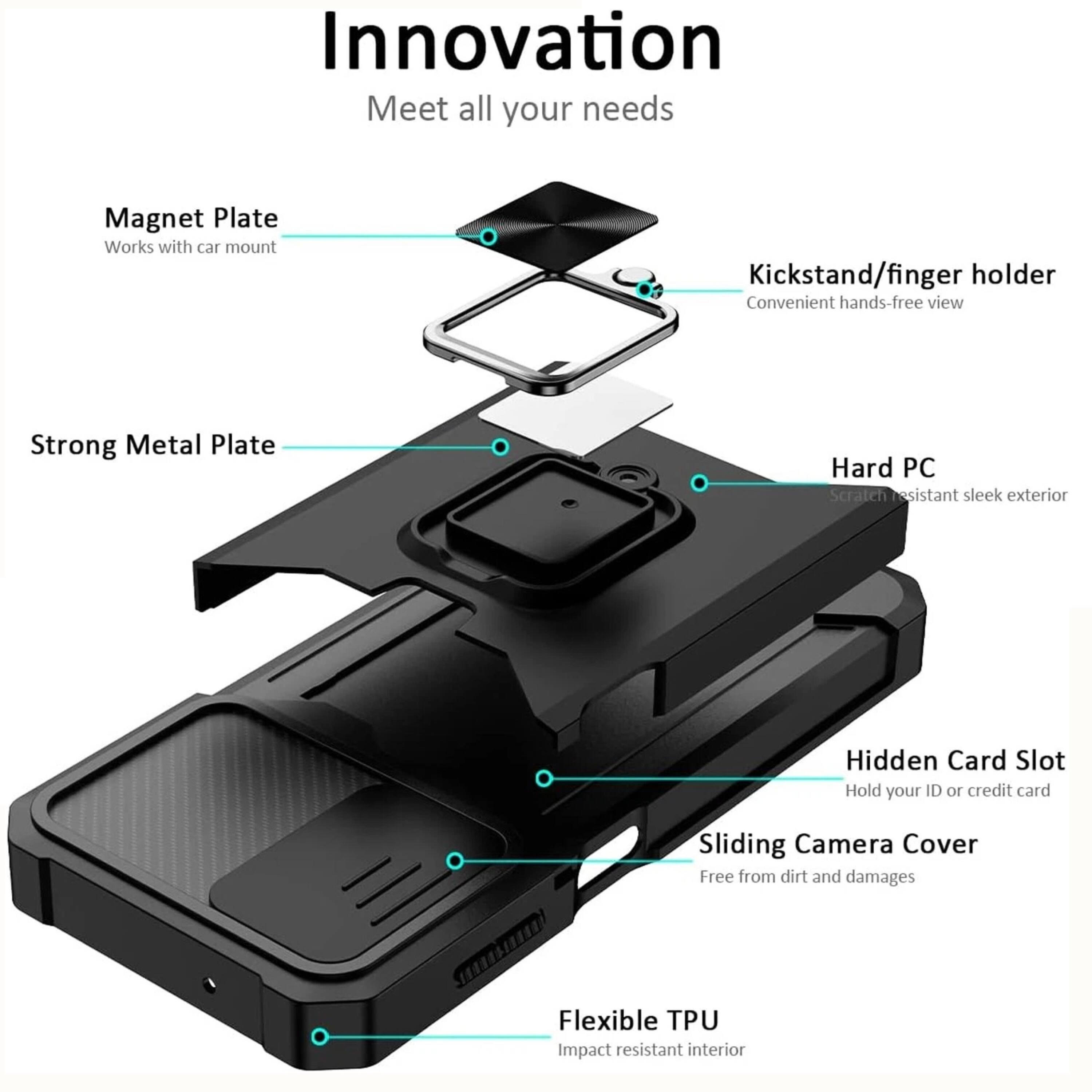 Innovation  
Meet all your needs  

- Magnet Plate  
  Works with car mount  

- Kickstand/finger holder  
  Convenient hands-free view  

- Strong Metal Plate  

- Hard PC  
  Scratch resistant sleek exterior  

- Hidden Card Slot  
  Hold your ID or credit card  

- Sliding Camera Cover  
  Free from dirt and damages  

- Flexible TPU  
  Impact resistant interior