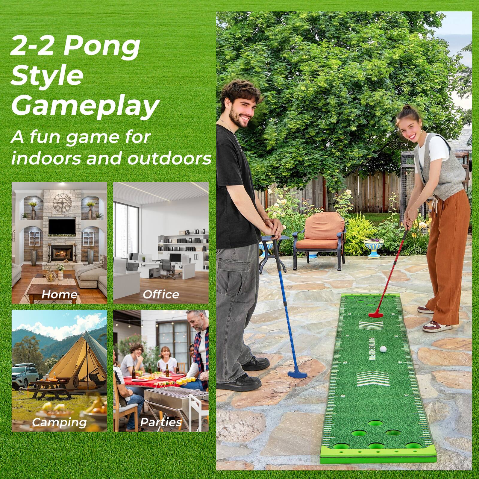 2-2 Pong Style Gameplay  
A fun game for indoors and outdoors  

Home  
Office  
Camping  
Parties