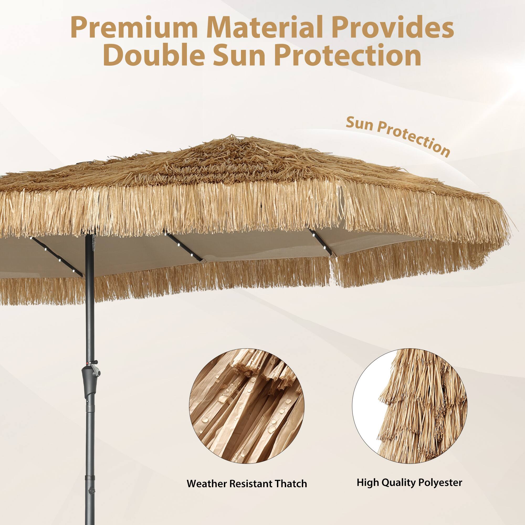 Premium Material Provides Double Sun Protection  
Sun Protection  
Weather Resistant Thatch  
High Quality Polyester