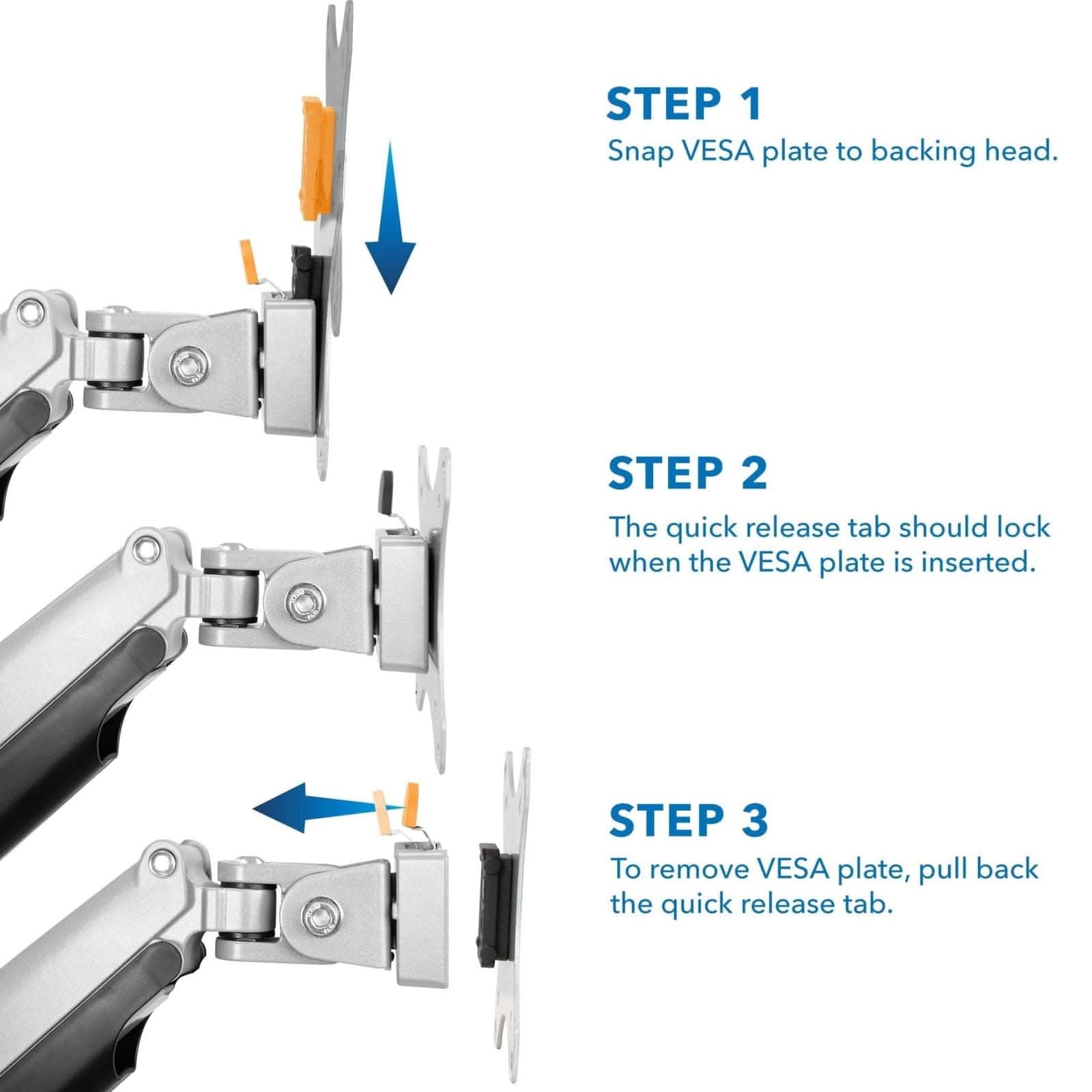 STEP 1: Snap VESA plate to backing head.  
STEP 2: The quick release tab should lock when the VESA plate is inserted.  
STEP 3: To remove VESA plate, pull back the quick release tab.